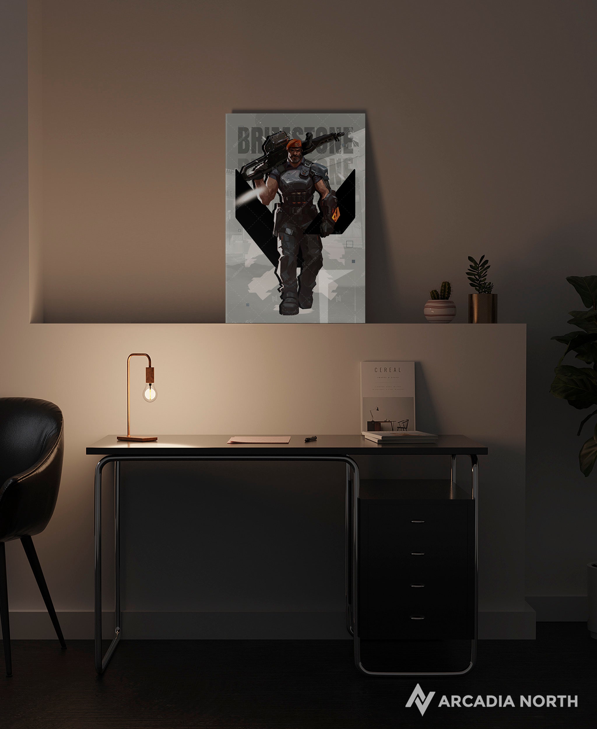 Valorant gaming acrylic poster by Arcadia North. Brimstone agent wallpaper on light/white background. Acrylic wall art printed on acrylic.