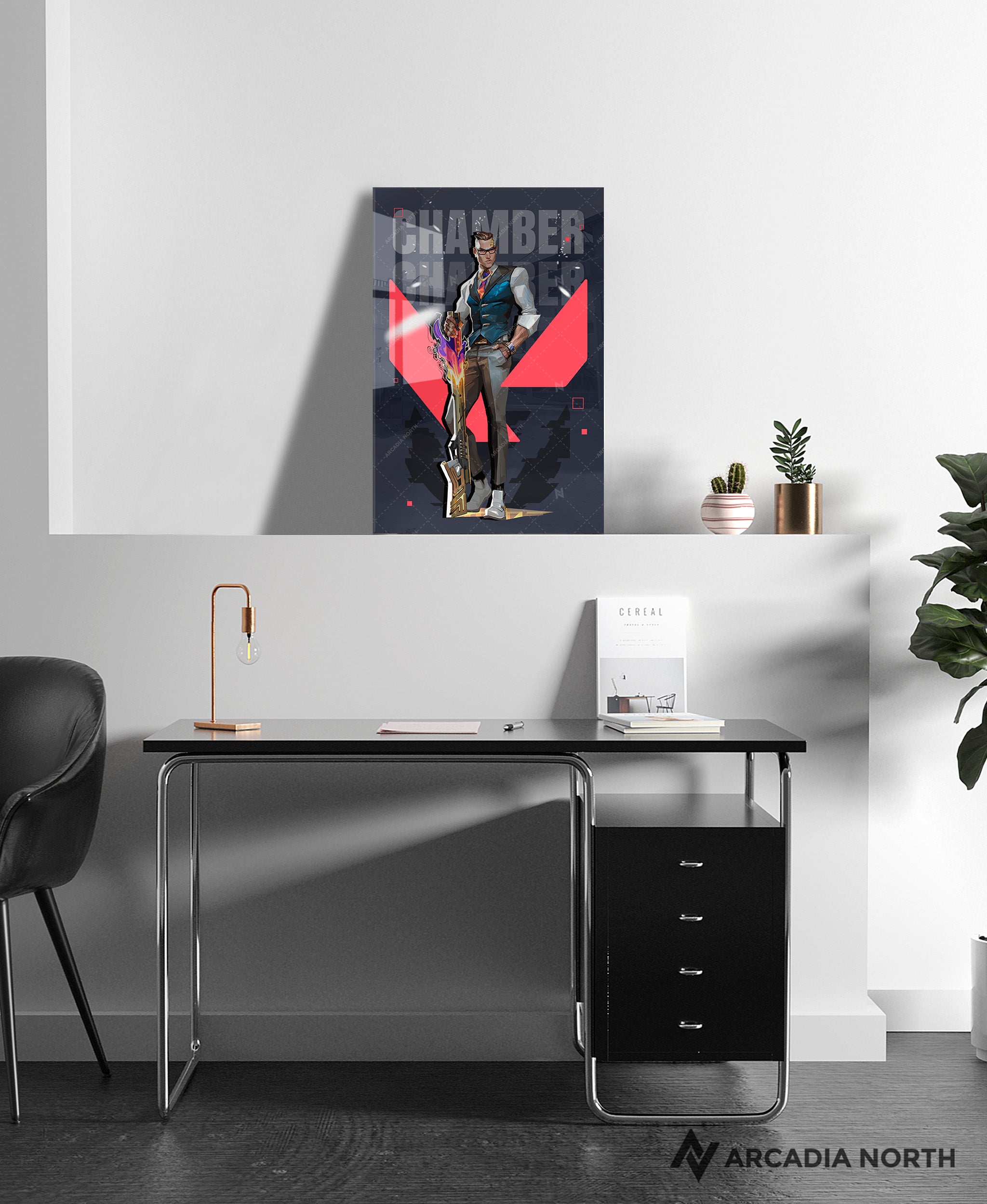 Valorant gaming acrylic poster by Arcadia North. Chamber agent wallpaper on dark/black background. Acrylic wall art printed on acrylic.