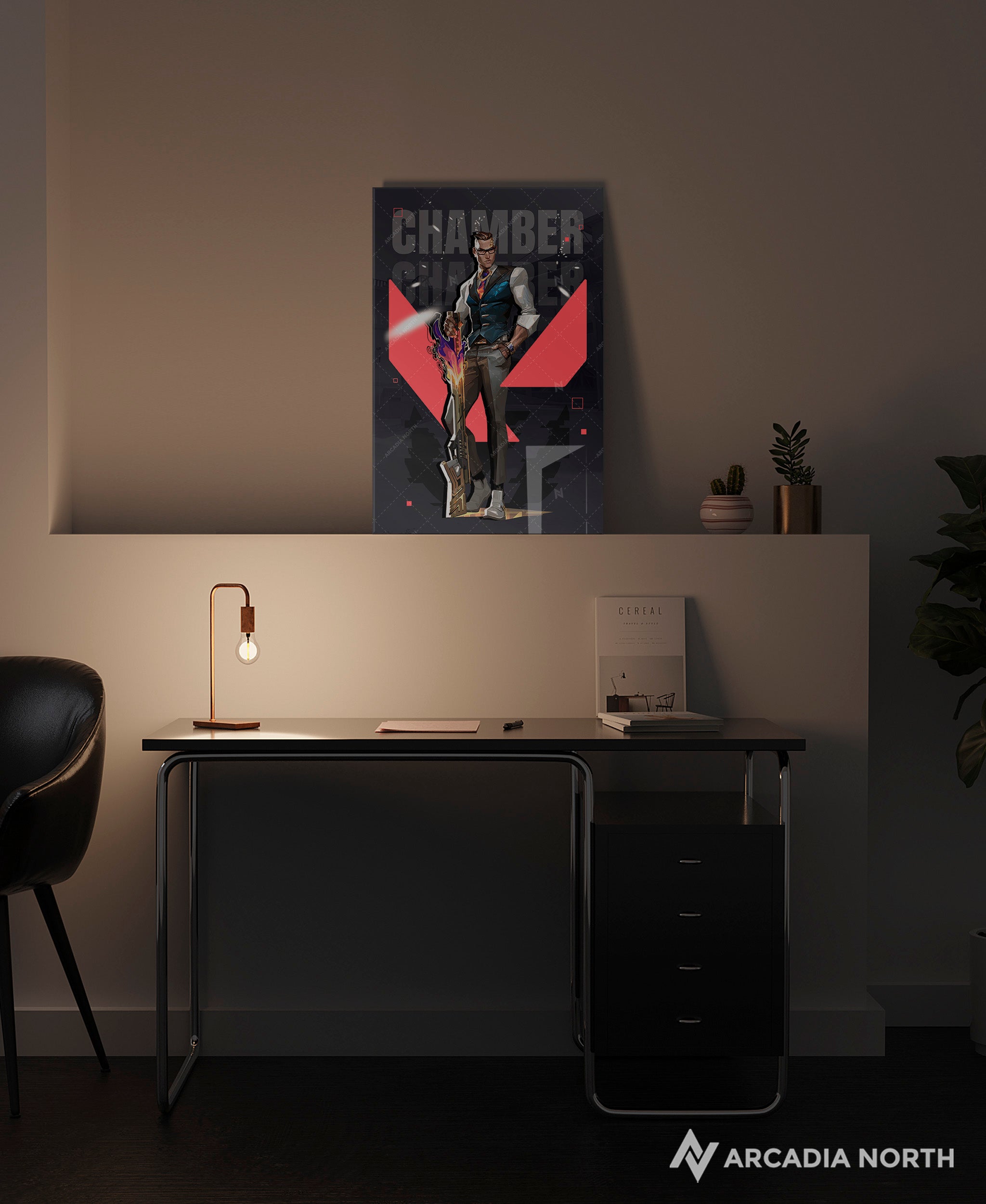 Valorant gaming acrylic poster by Arcadia North. Chamber agent wallpaper on dark/black background. Acrylic wall art printed on acrylic.