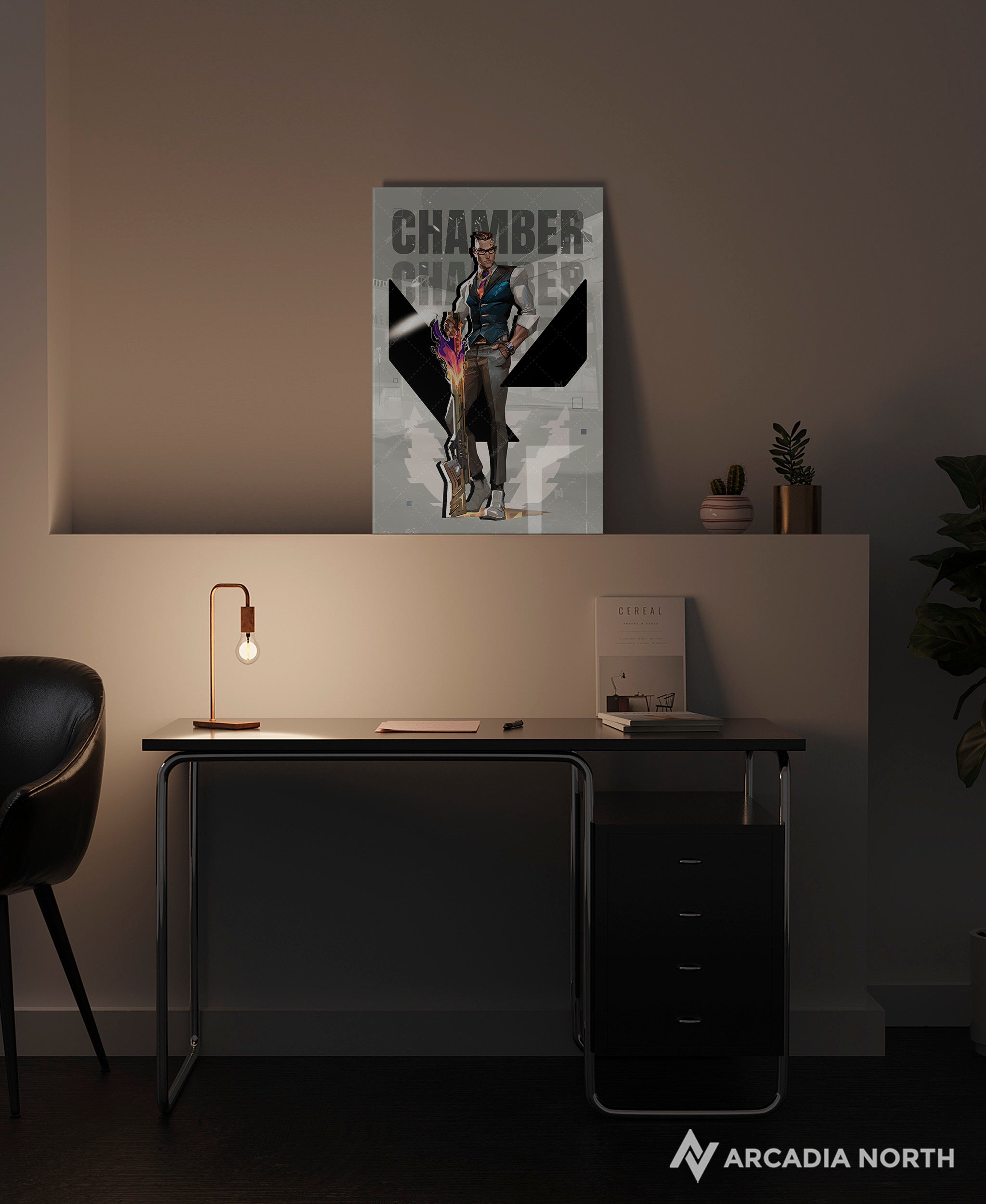 Valorant gaming acrylic poster by Arcadia North. Chamber agent wallpaper on light/white background. Acrylic wall art printed on acrylic.