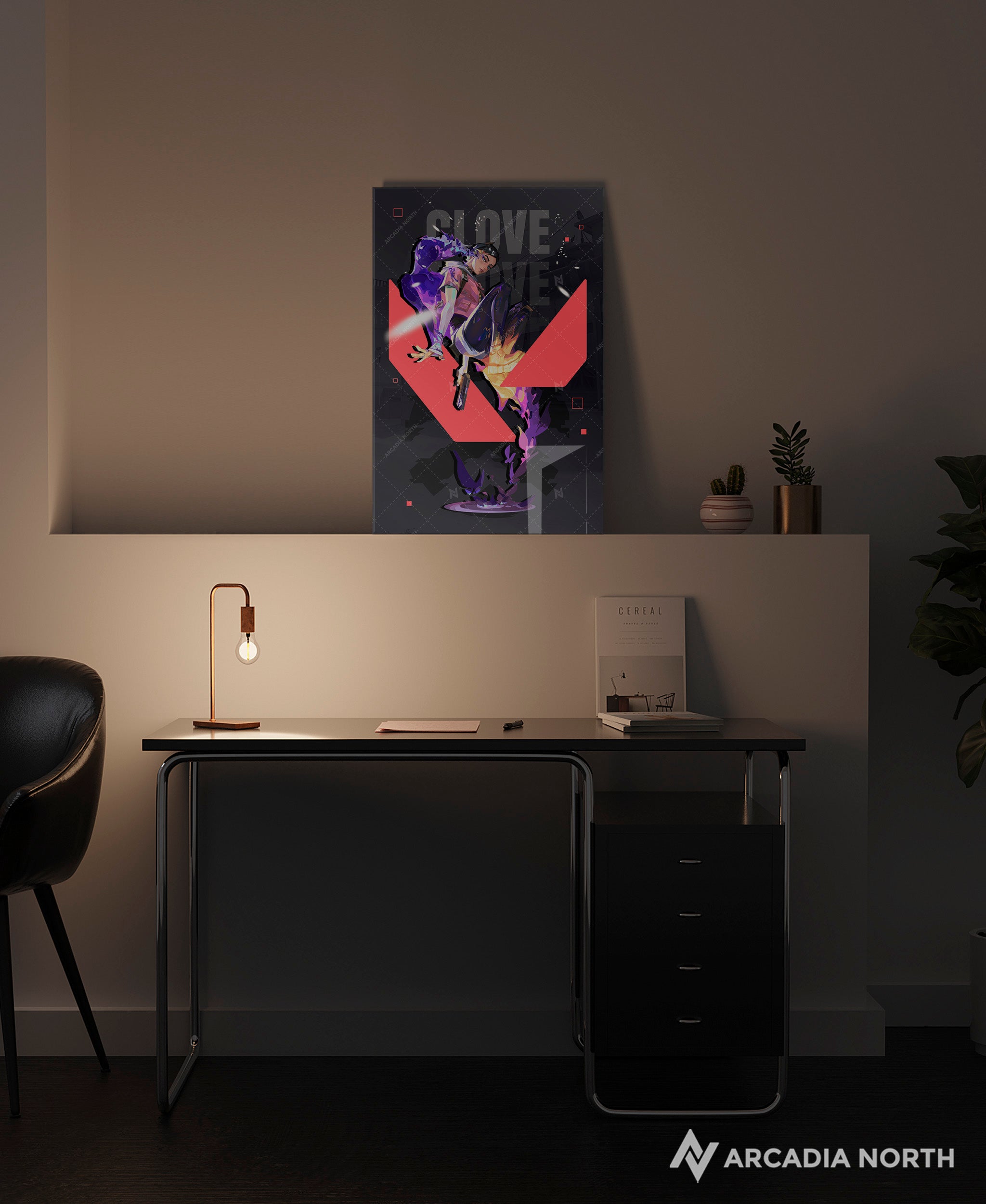 Valorant gaming acrylic poster by Arcadia North. Clove agent wallpaper on dark/black background. Acrylic wall art printed on acrylic.