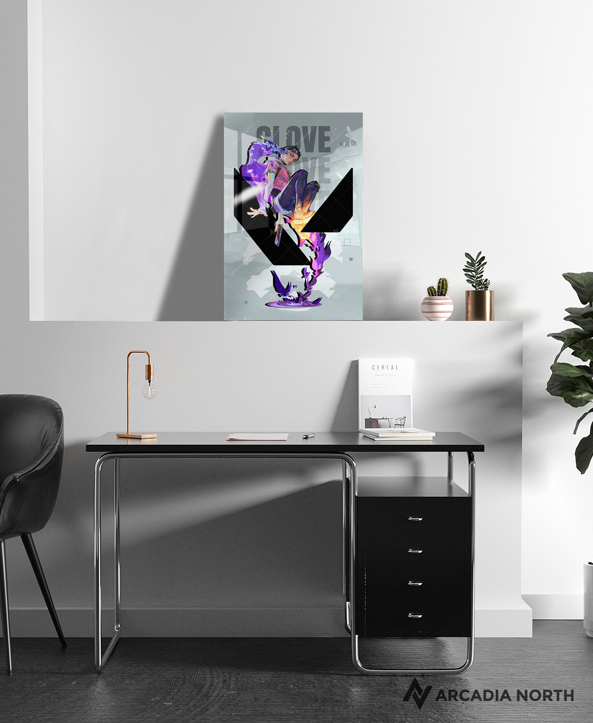 Valorant gaming acrylic poster by Arcadia North. Clove agent wallpaper on light/white background. Acrylic wall art printed on acrylic.