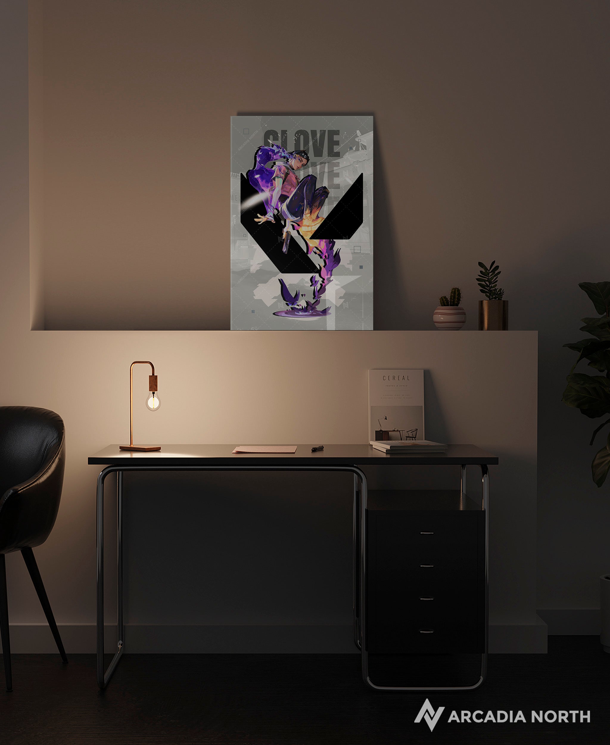 Valorant gaming acrylic poster by Arcadia North. Clove agent wallpaper on light/white background. Acrylic wall art printed on acrylic.