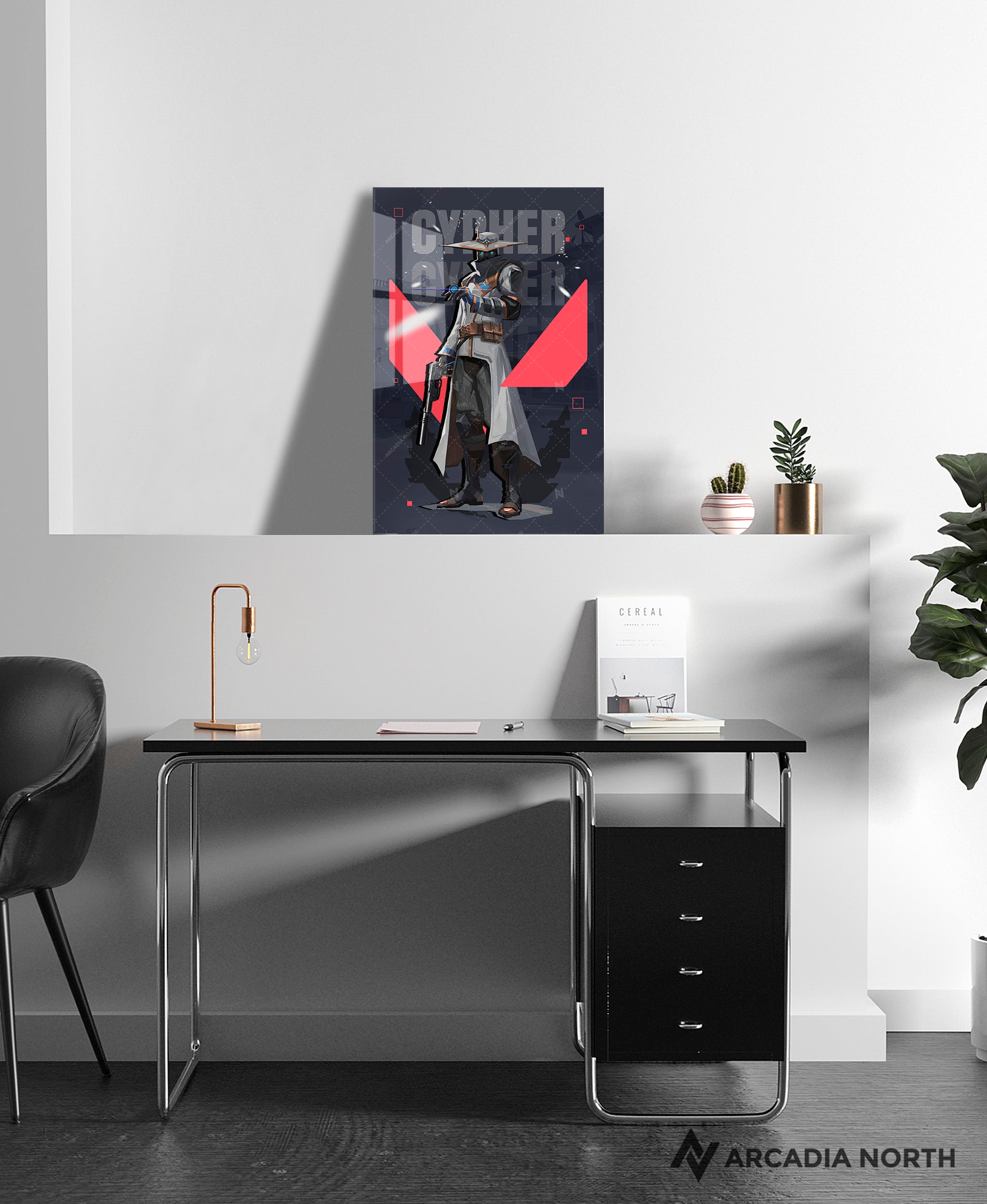 Valorant gaming acrylic poster by Arcadia North. Cypher agent wallpaper on dark/black background. Acrylic wall art printed on acrylic.