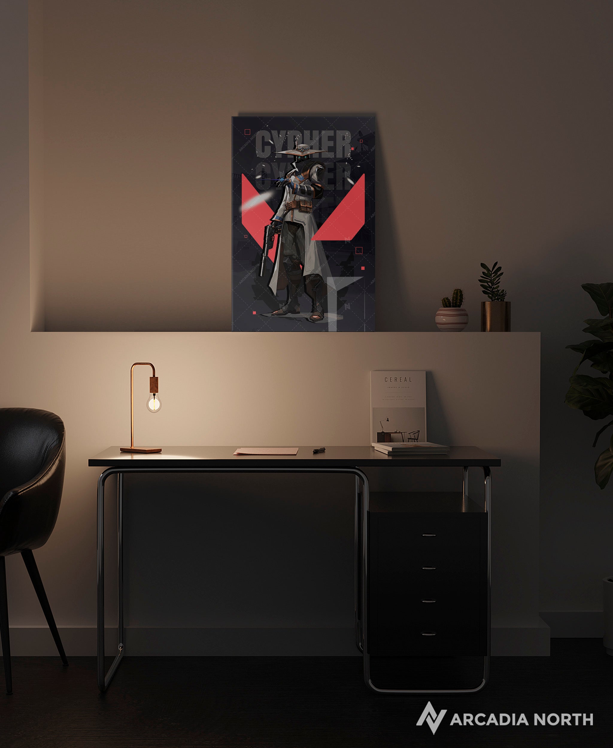 Valorant gaming acrylic poster by Arcadia North. Cypher agent wallpaper on dark/black background. Acrylic wall art printed on acrylic.