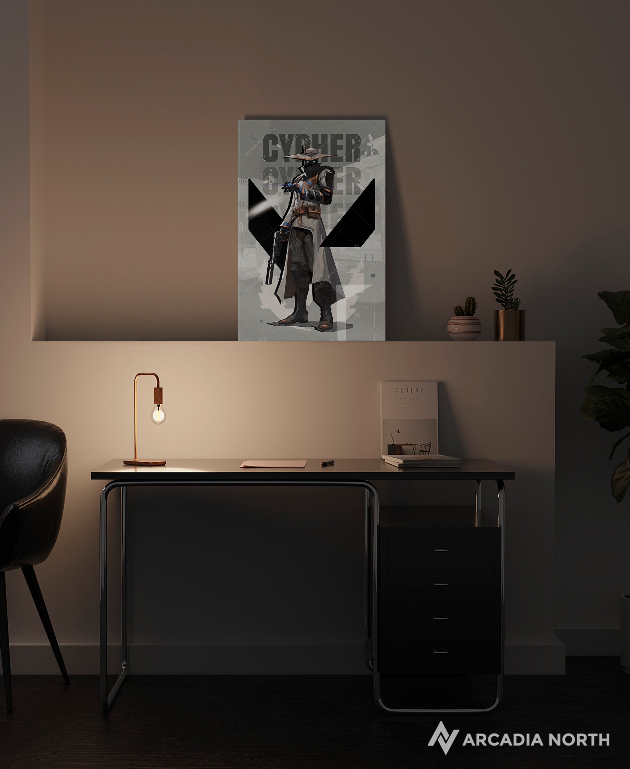 Valorant gaming acrylic poster by Arcadia North. Cypher agent wallpaper on light/white background. Acrylic wall art printed on acrylic.