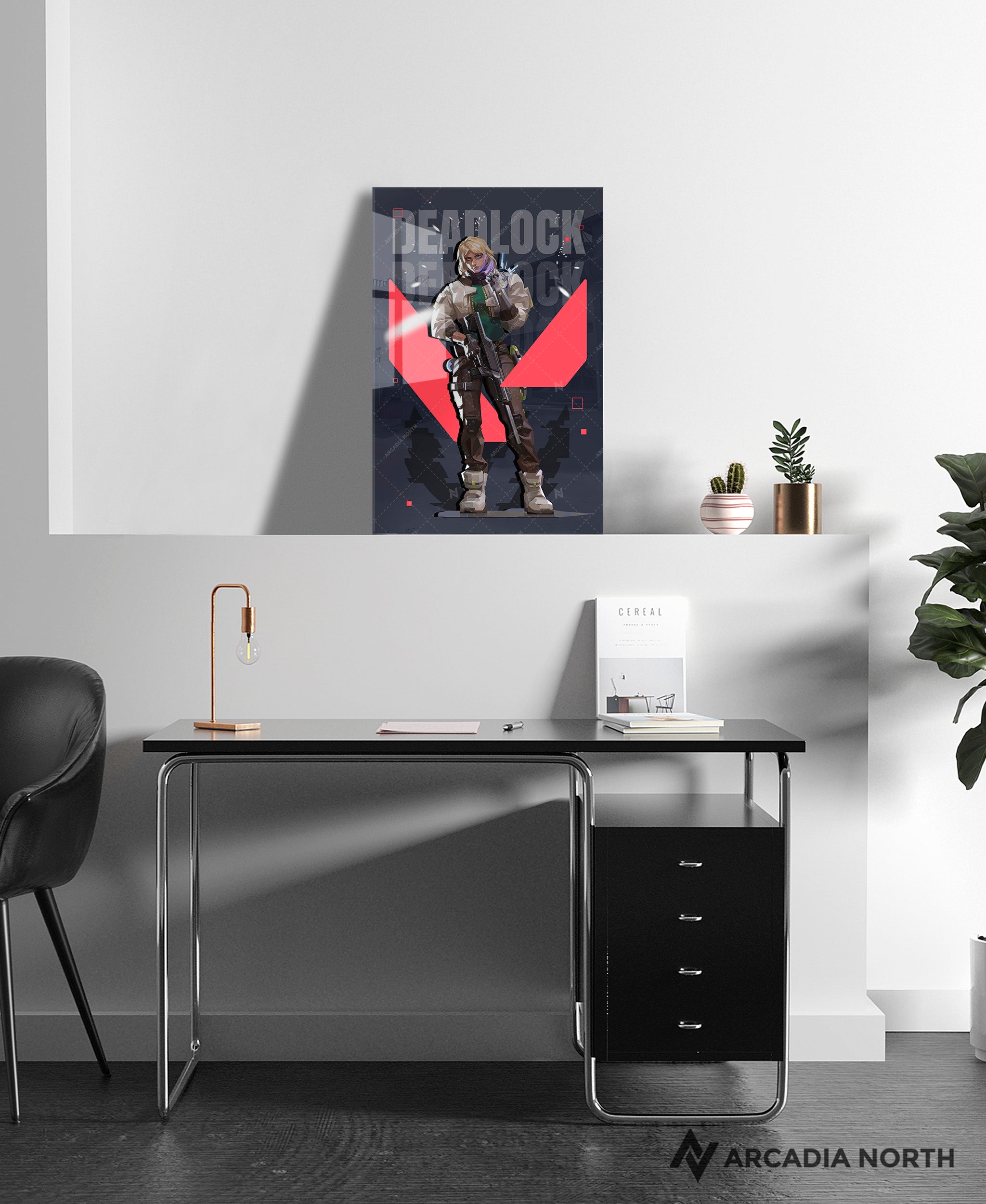 Valorant gaming acrylic poster by Arcadia North. Deadlock agent wallpaper on dark/black background. Acrylic wall art printed on acrylic.