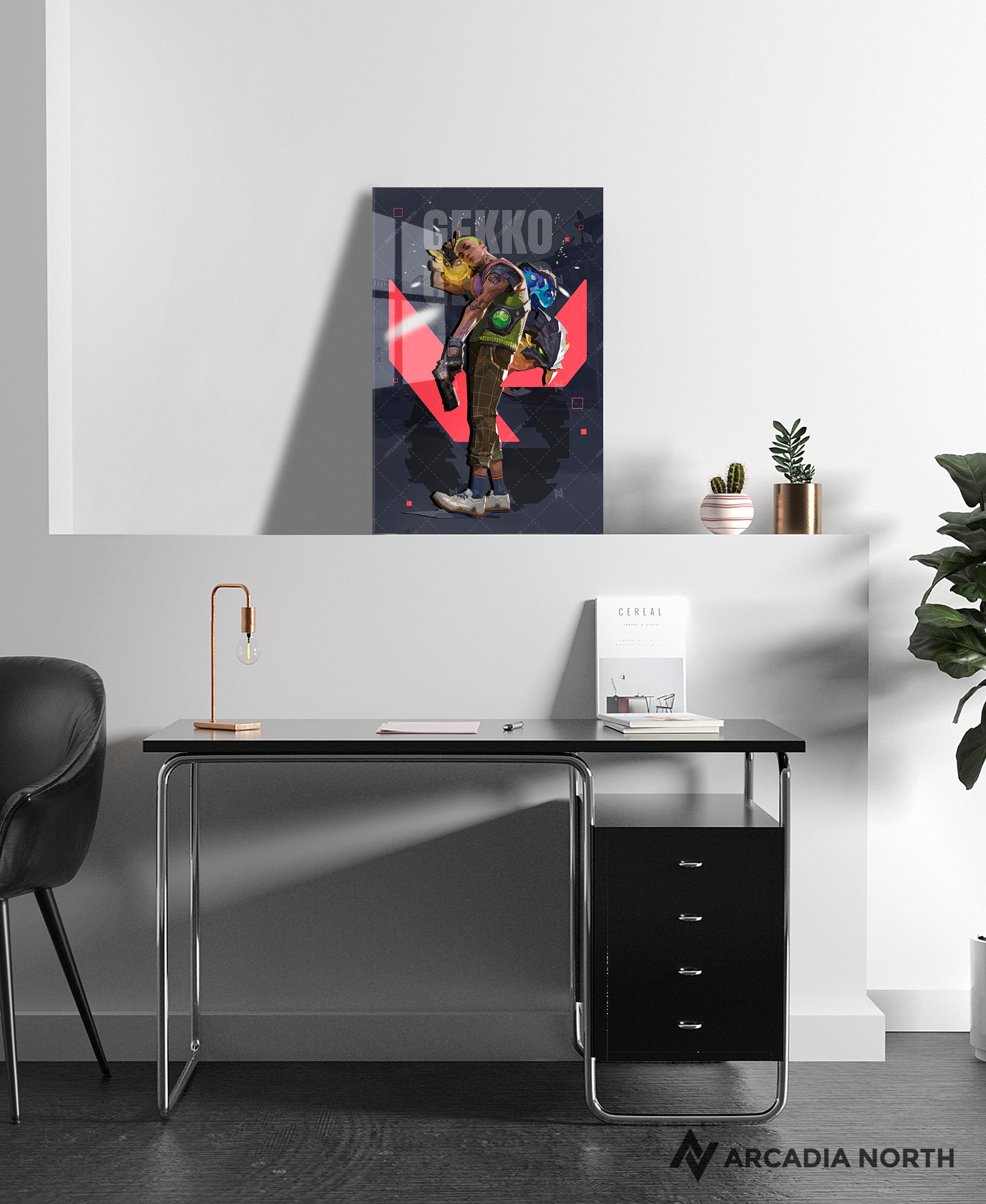 Valorant gaming acrylic poster by Arcadia North. Gekko agent wallpaper on dark/black background. Acrylic wall art printed on acrylic.