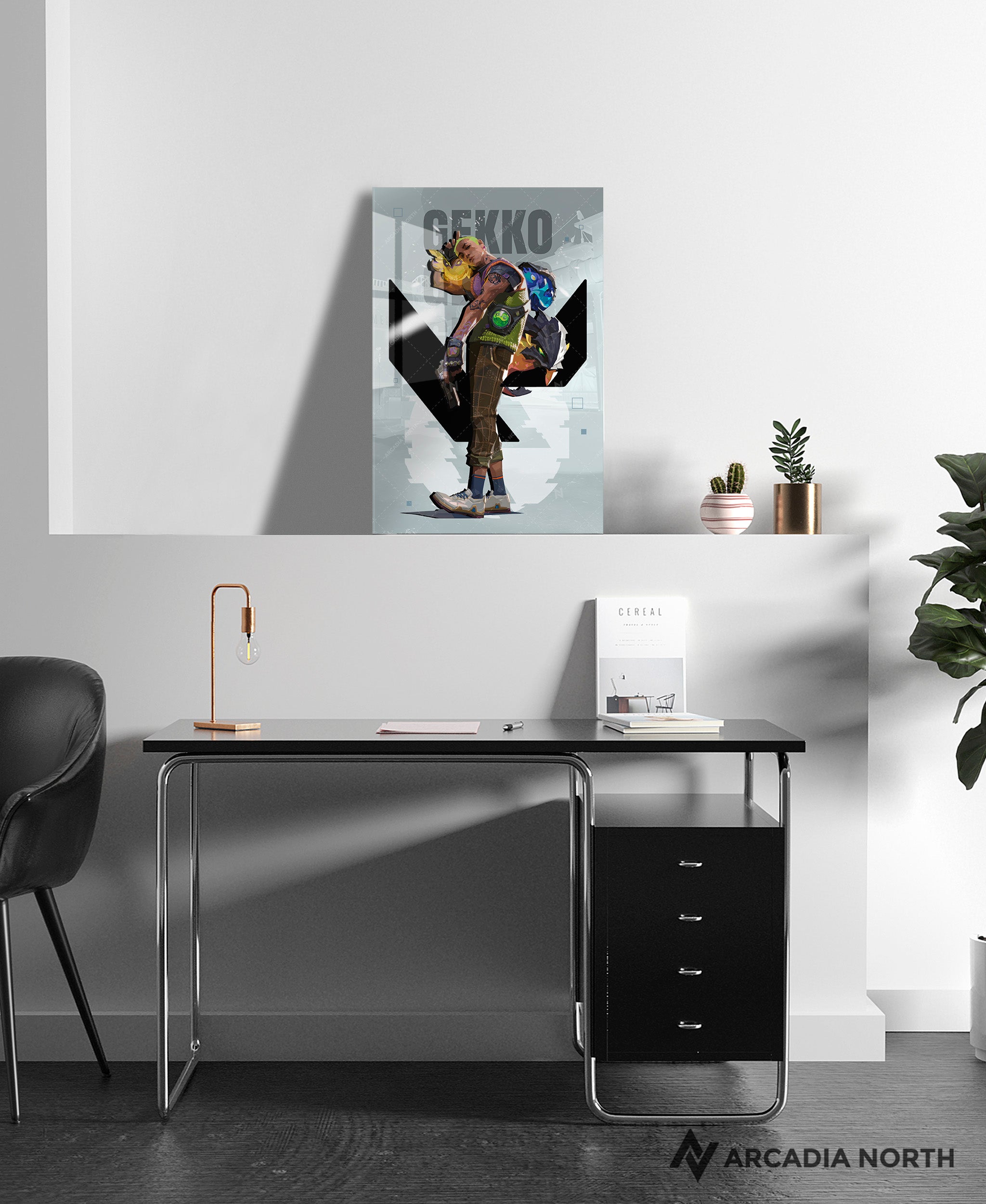 Valorant gaming acrylic poster by Arcadia North. Gekko agent wallpaper on light/white background. Acrylic wall art printed on acrylic.