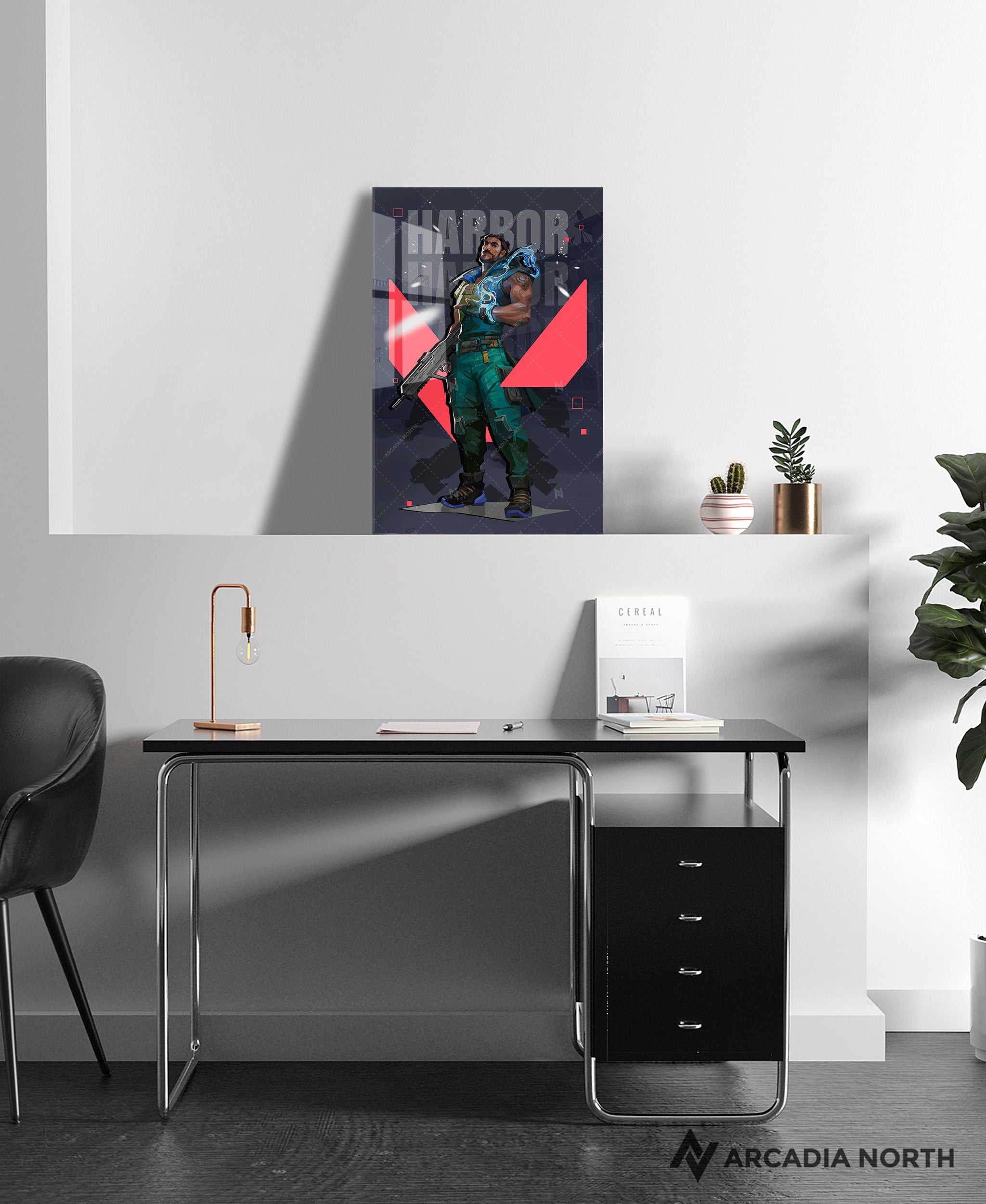 Valorant gaming acrylic poster by Arcadia North. Harbor agent wallpaper on dark/black background. Acrylic wall art printed on acrylic.