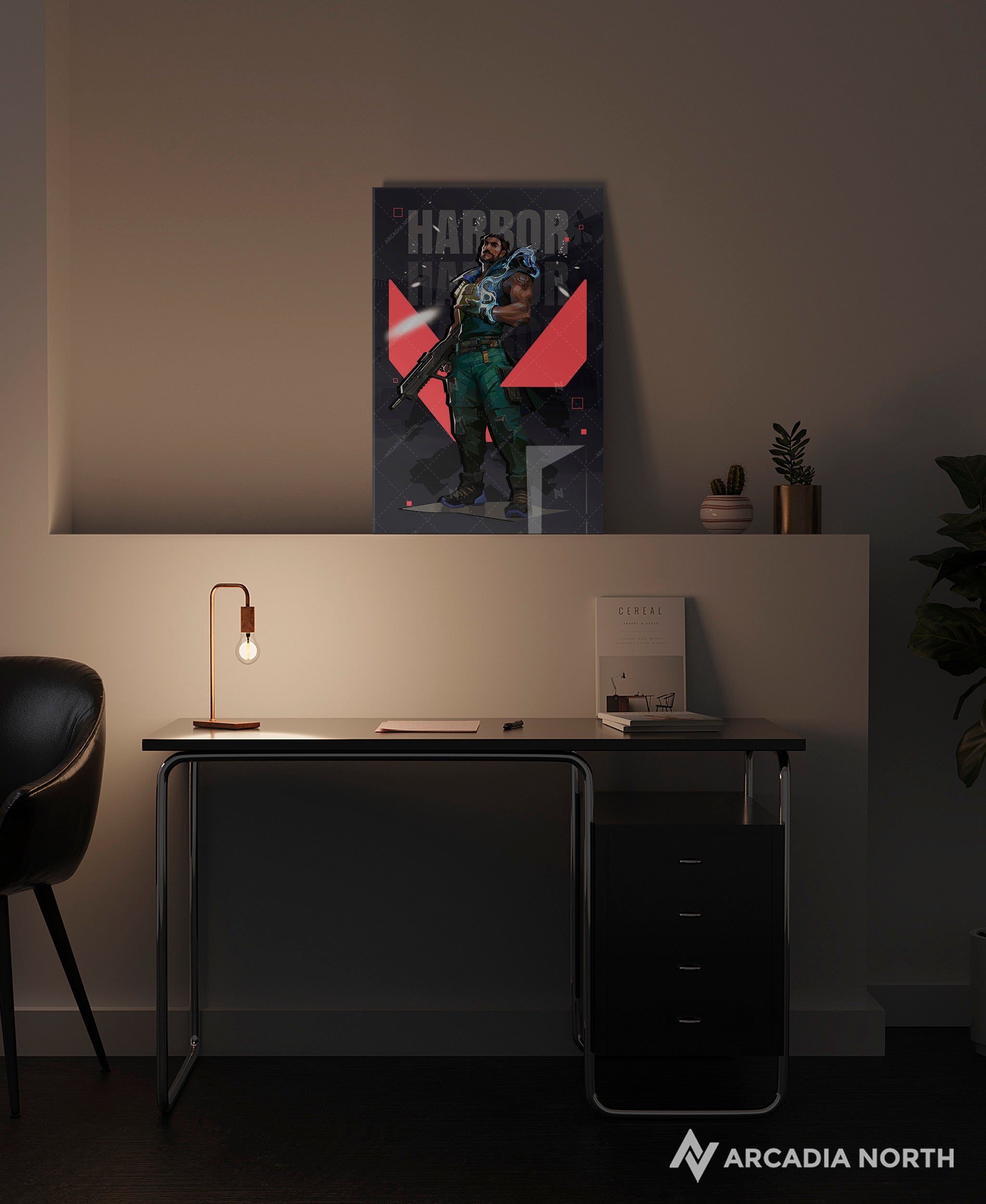 Valorant gaming acrylic poster by Arcadia North. Harbor agent wallpaper on dark/black background. Acrylic wall art printed on acrylic.