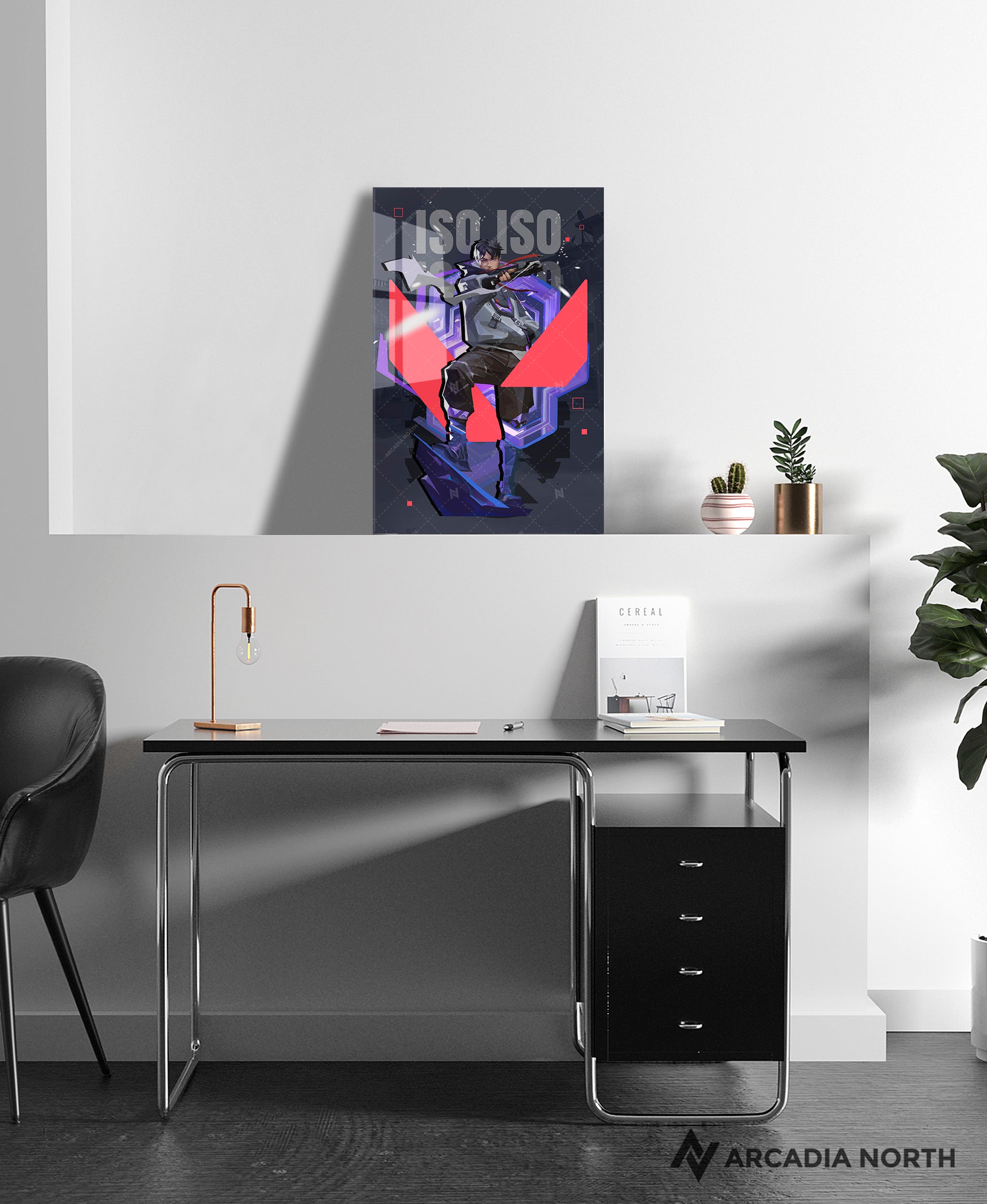 Valorant gaming acrylic poster by Arcadia North. Iso agent wallpaper on dark/black background. Acrylic wall art printed on acrylic.