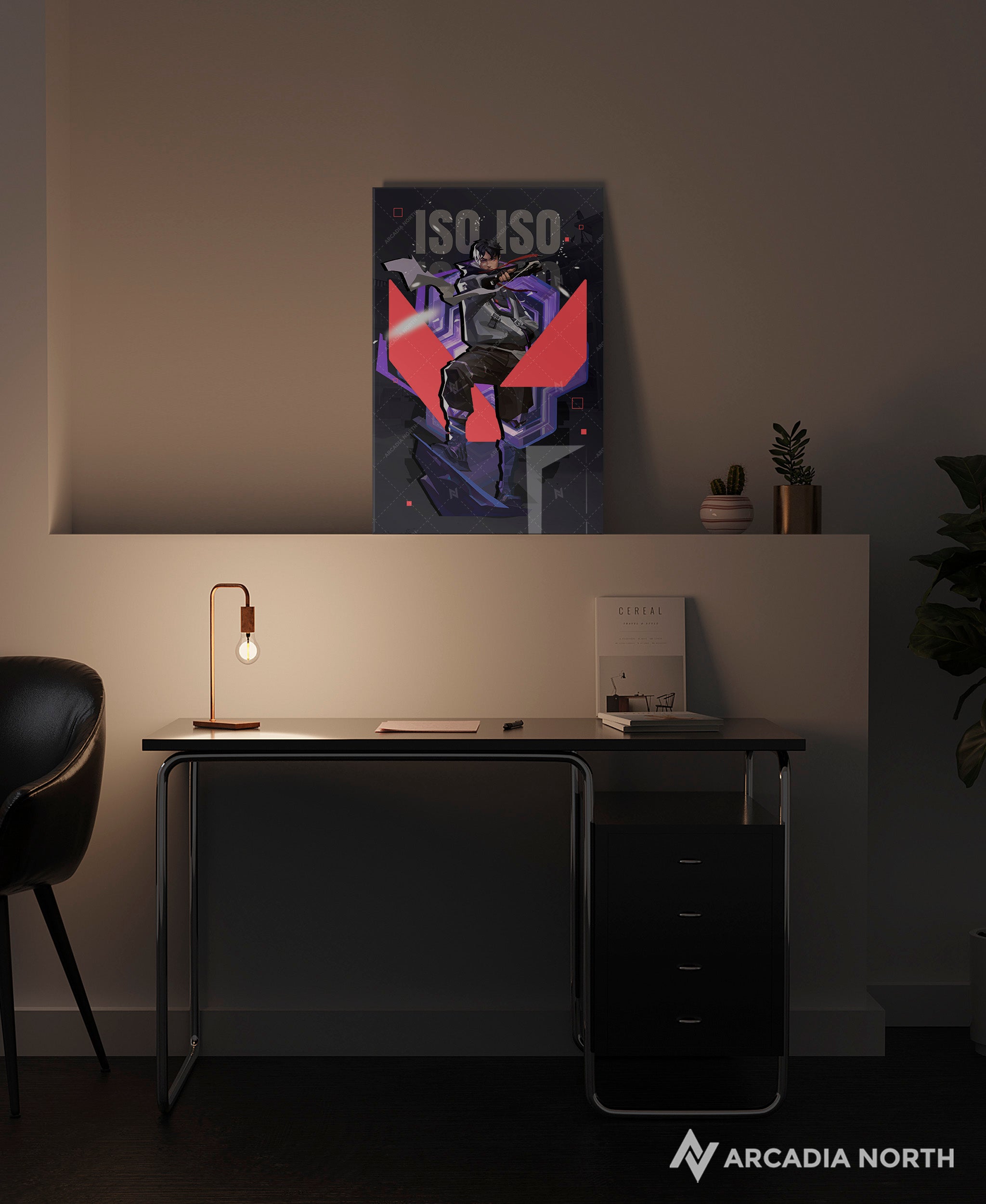 Valorant gaming acrylic poster by Arcadia North. Iso agent wallpaper on dark/black background. Acrylic wall art printed on acrylic.