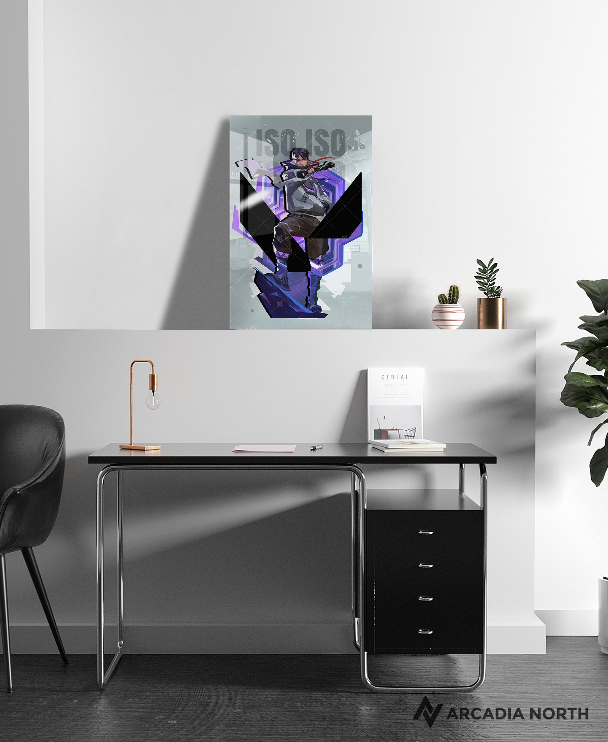 Valorant gaming acrylic poster by Arcadia North. Iso agent wallpaper on light/white background. Acrylic wall art printed on acrylic.