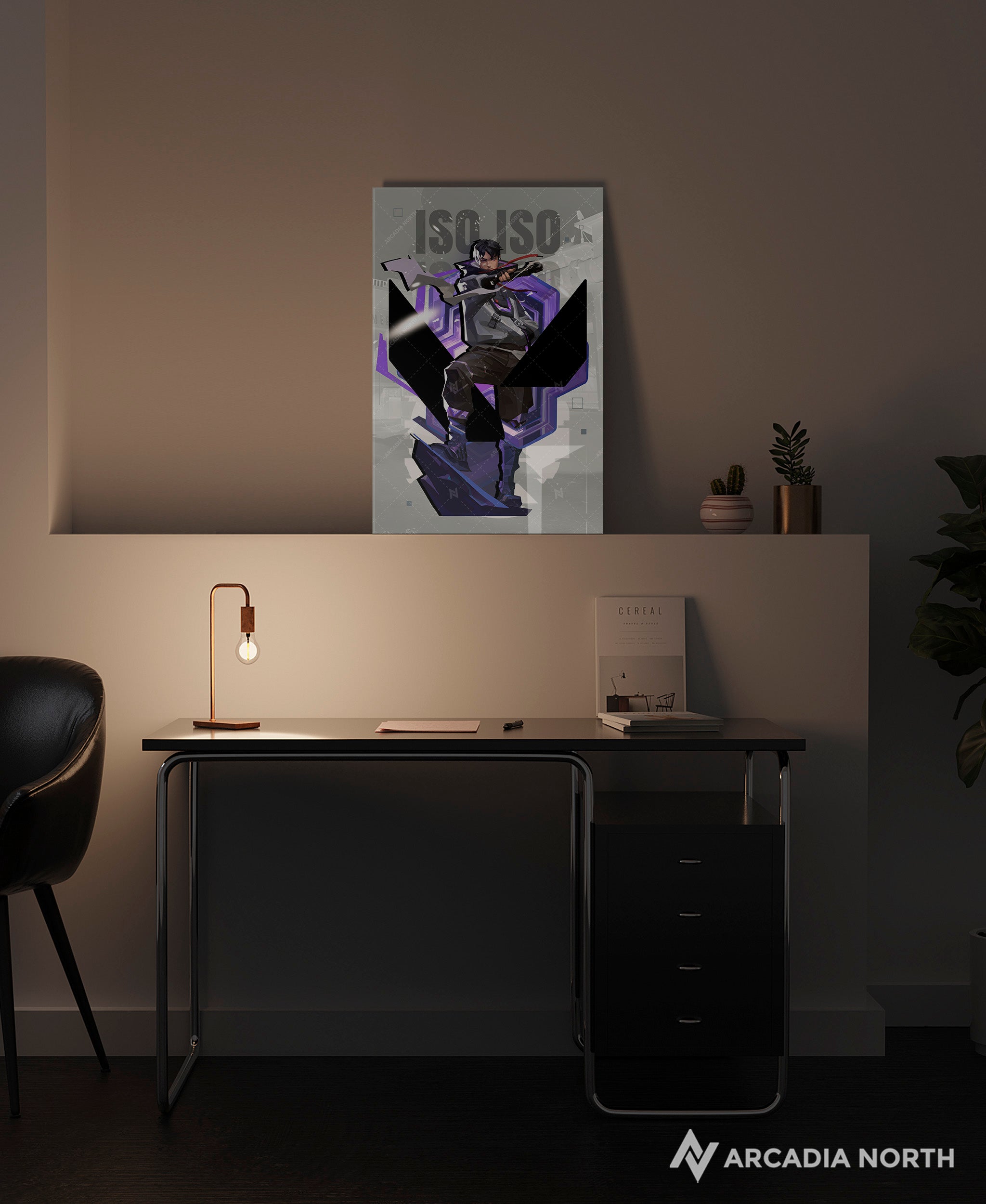 Valorant gaming acrylic poster by Arcadia North. Iso agent wallpaper on light/white background. Acrylic wall art printed on acrylic.