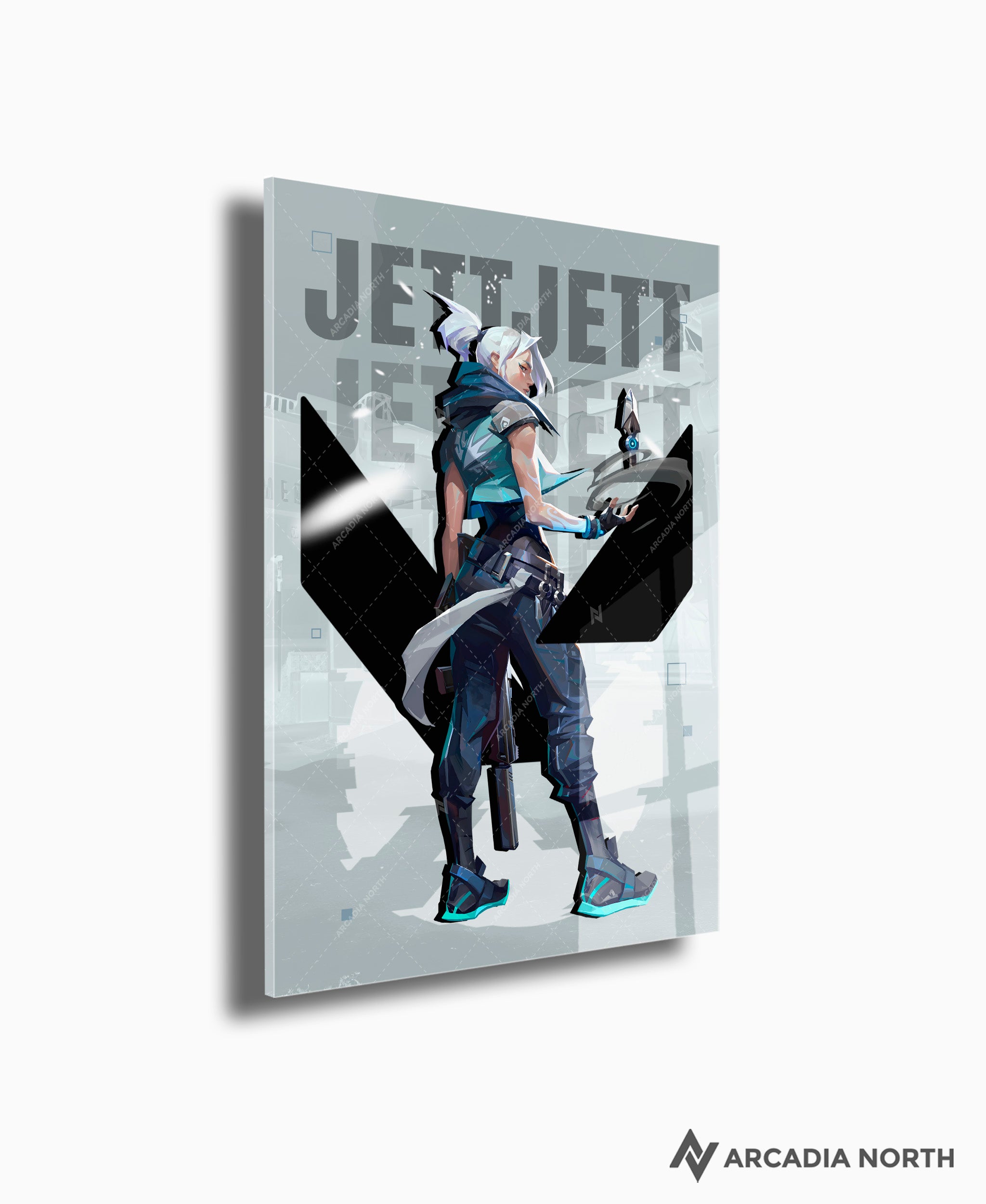 Valorant gaming acrylic poster by Arcadia North. Jett agent wallpaper on light/white background. Acrylic wall art printed on acrylic.