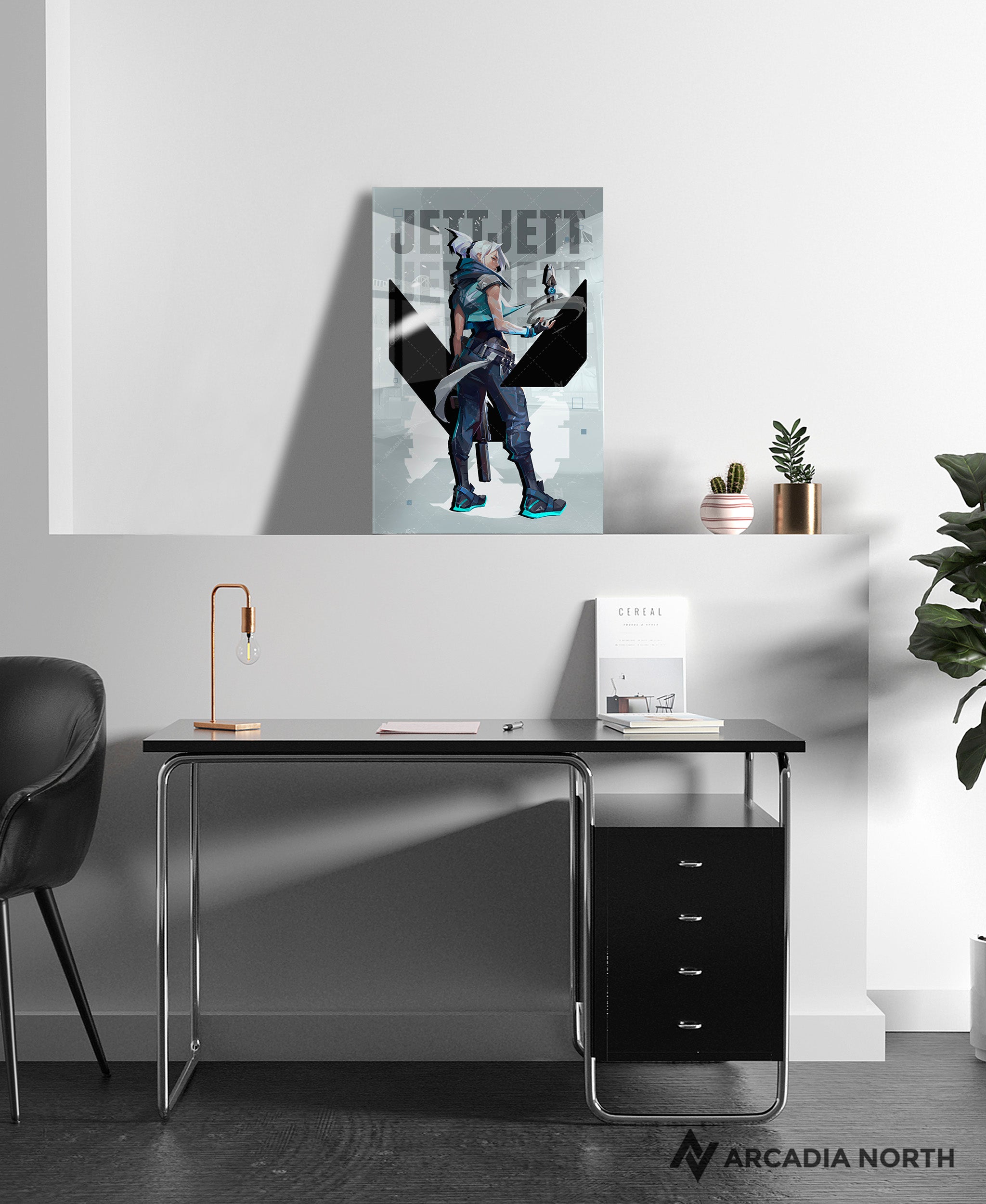 Valorant gaming acrylic poster by Arcadia North. Jett agent wallpaper on light/white background. Acrylic wall art printed on acrylic.