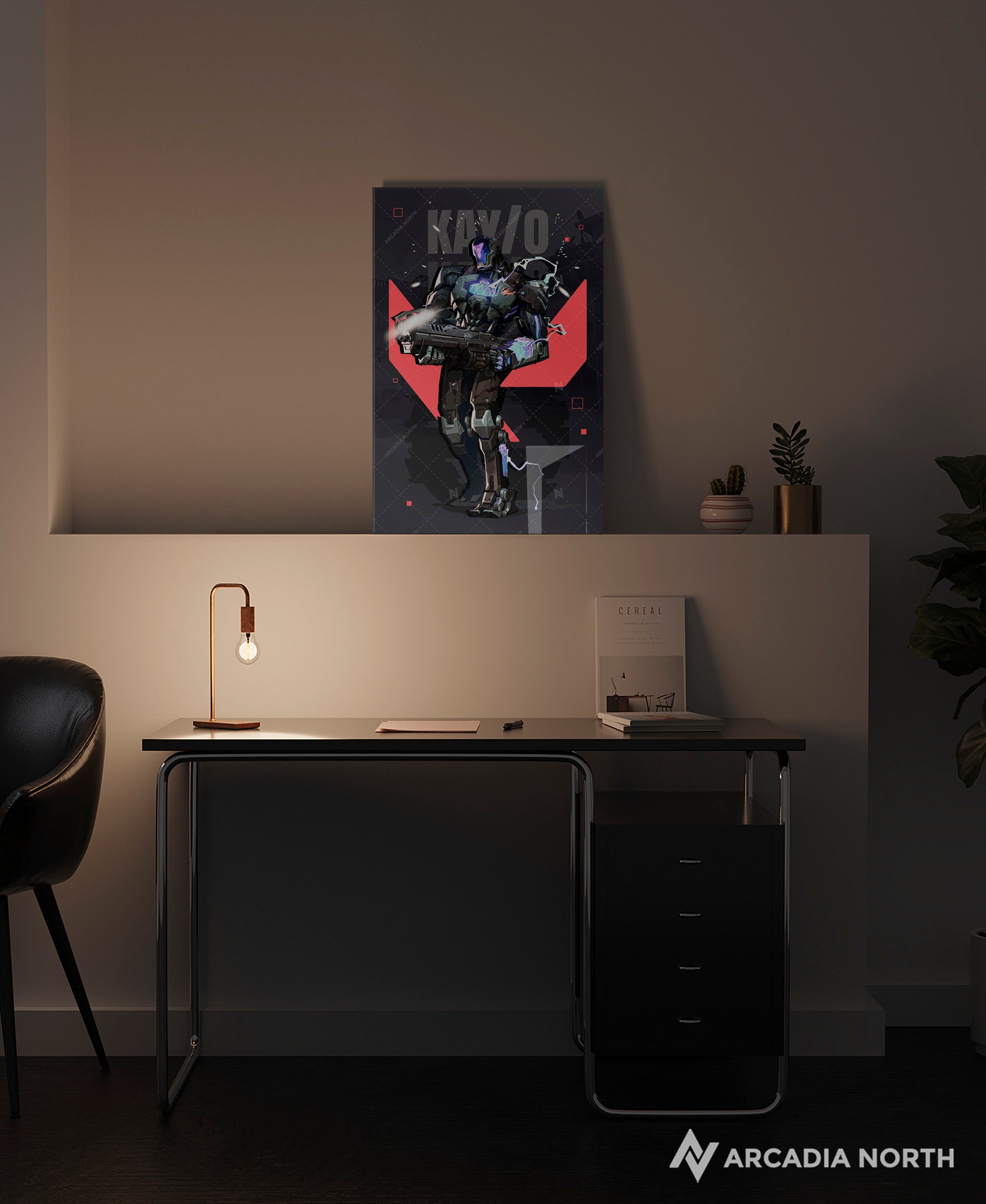 Valorant gaming acrylic poster by Arcadia North. KAY/O agent wallpaper on dark/black background. Acrylic wall art printed on acrylic.