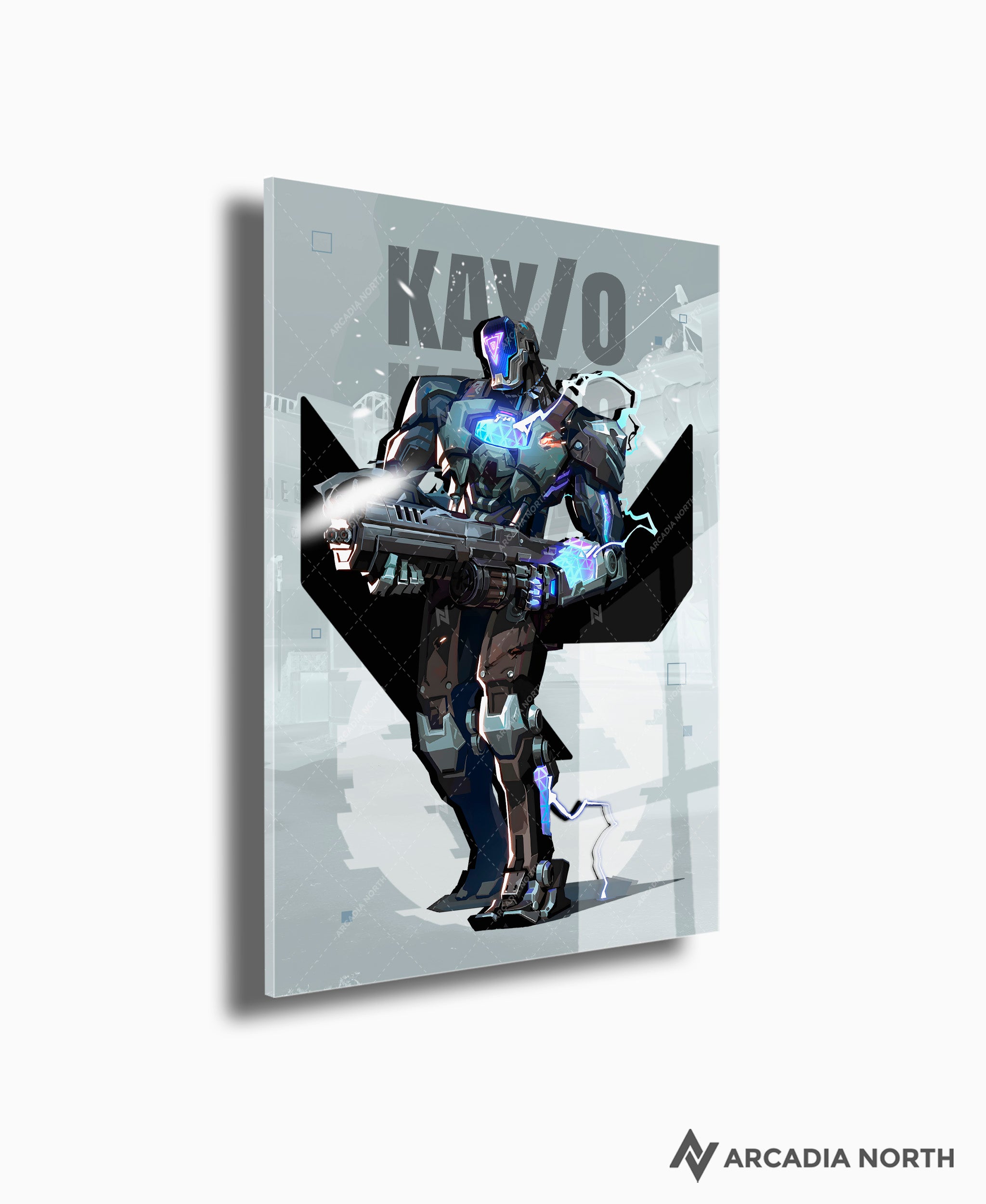 Valorant gaming acrylic poster by Arcadia North. KAY/O agent wallpaper on light/white background. Acrylic wall art printed on acrylic.