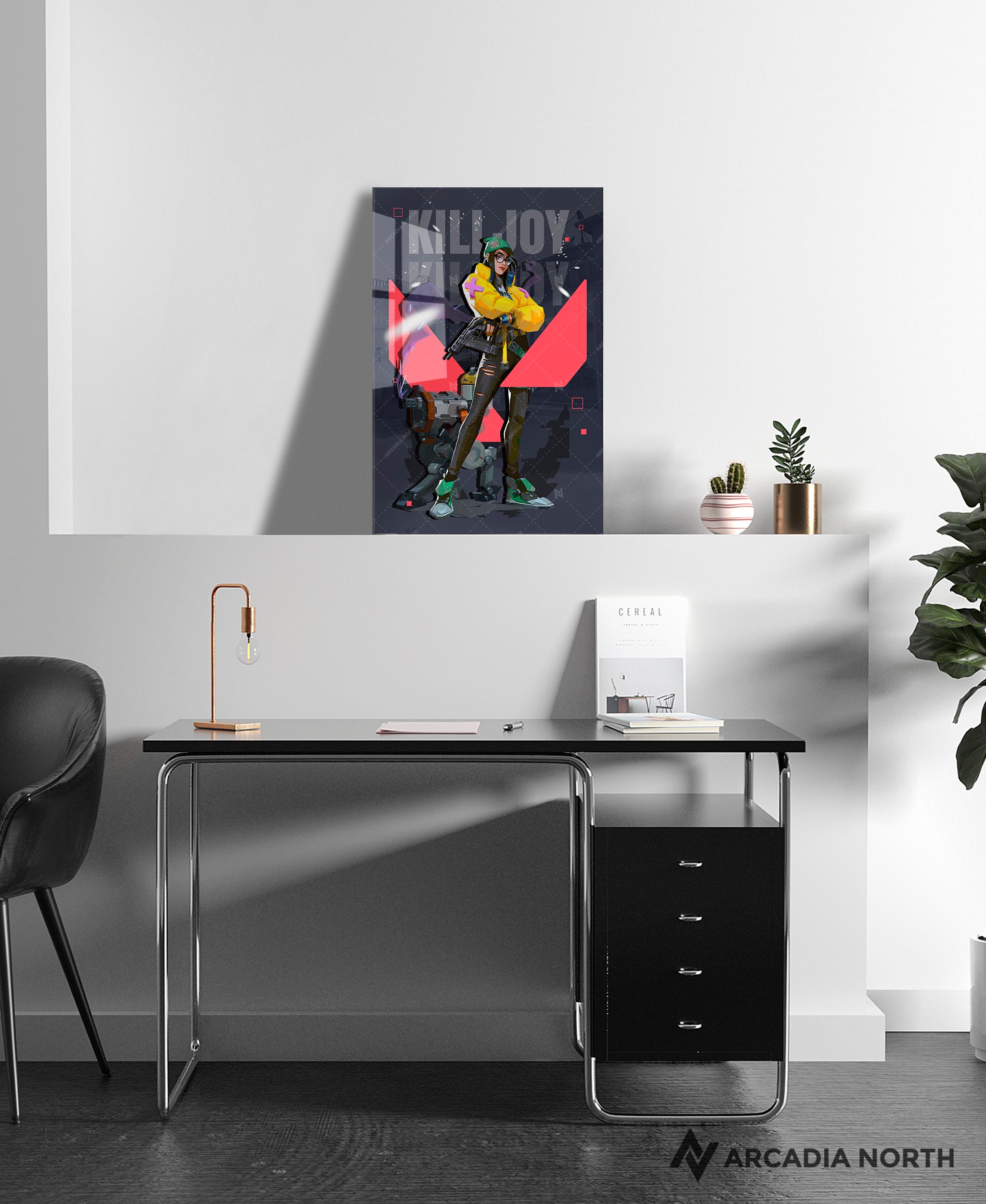 Valorant gaming acrylic poster by Arcadia North. Killjoy agent wallpaper on dark/black background. Acrylic wall art printed on acrylic.