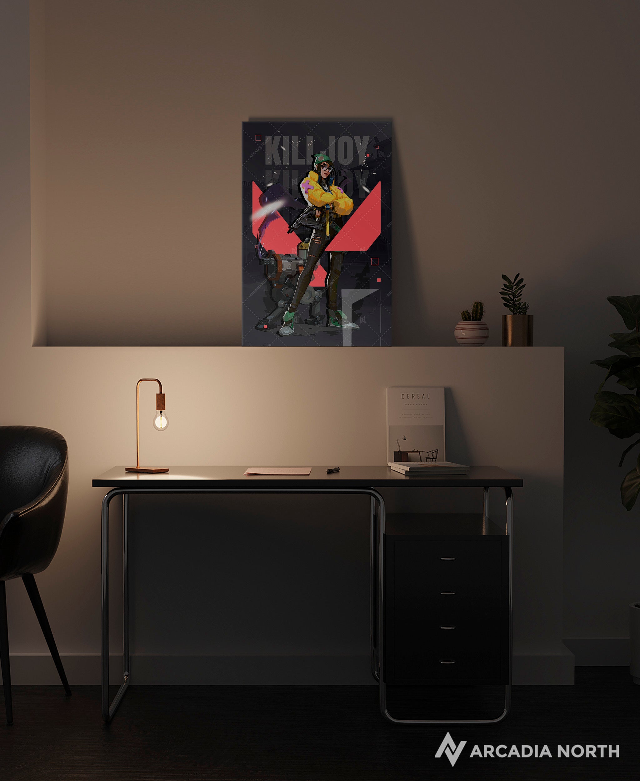 Valorant gaming acrylic poster by Arcadia North. Killjoy agent wallpaper on dark/black background. Acrylic wall art printed on acrylic.