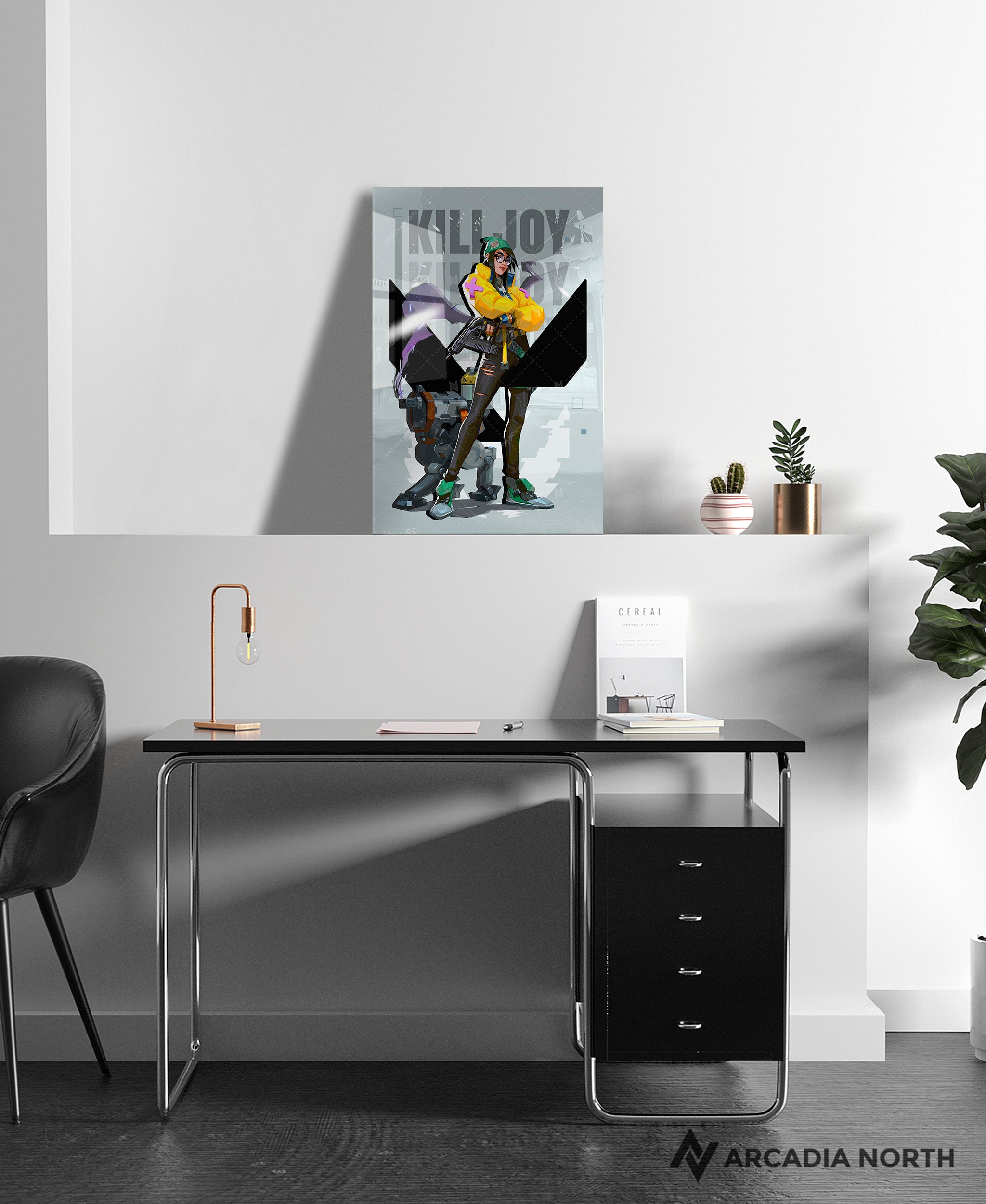 Valorant gaming acrylic poster by Arcadia North. Killjoy agent wallpaper on light/white background. Acrylic wall art printed on acrylic.