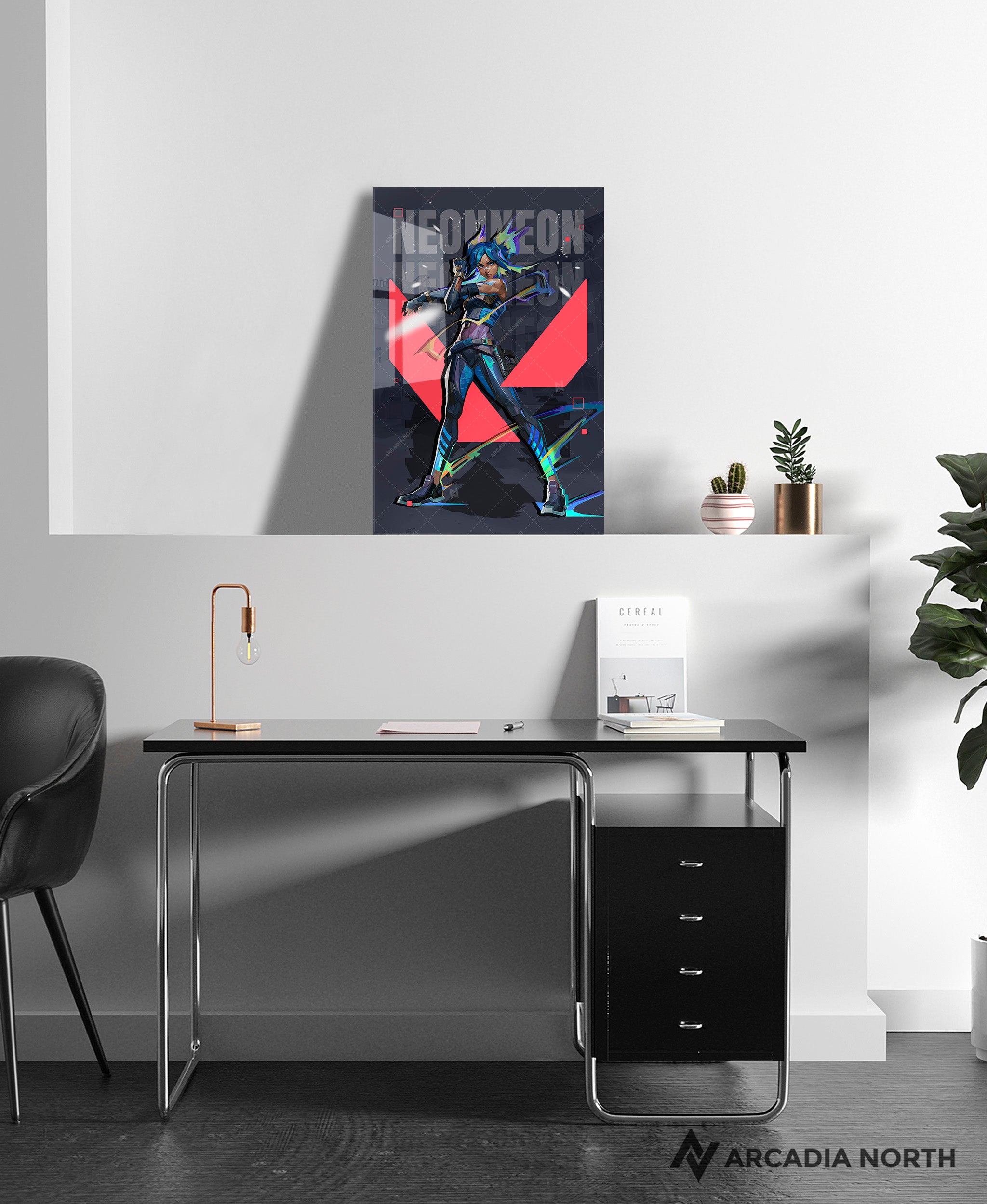 Valorant gaming acrylic poster by Arcadia North. Neon agent wallpaper on dark/black background. Acrylic wall art printed on acrylic.