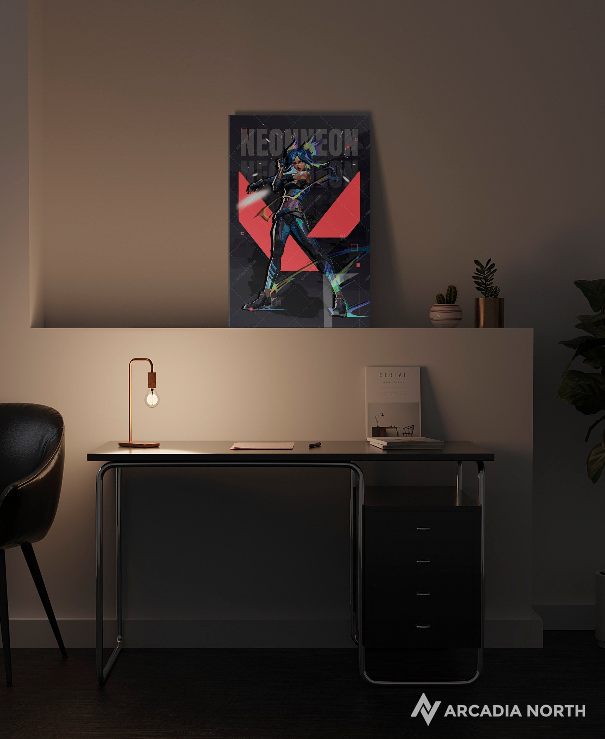 Valorant gaming acrylic poster by Arcadia North. Neon agent wallpaper on dark/black background. Acrylic wall art printed on acrylic.