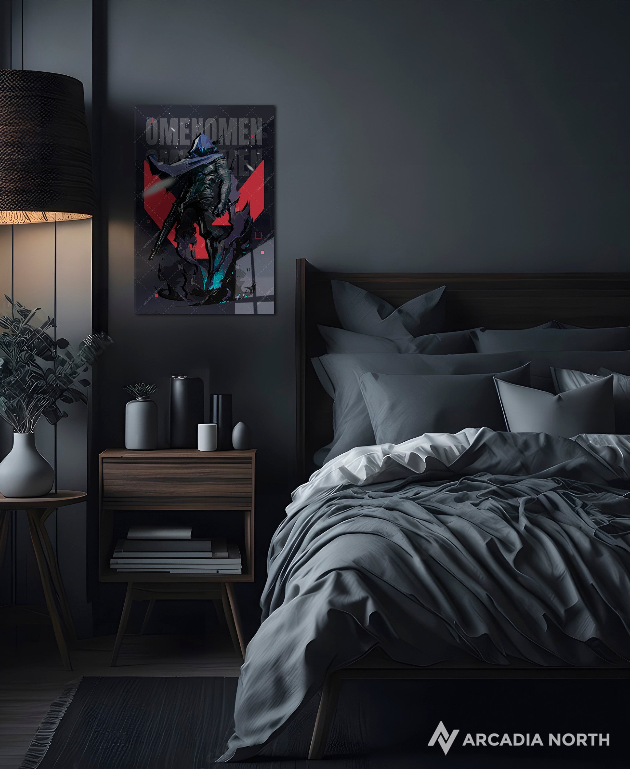 Valorant gaming acrylic poster by Arcadia North. Omen agent wallpaper on dark/black background. Acrylic wall art printed on acrylic.