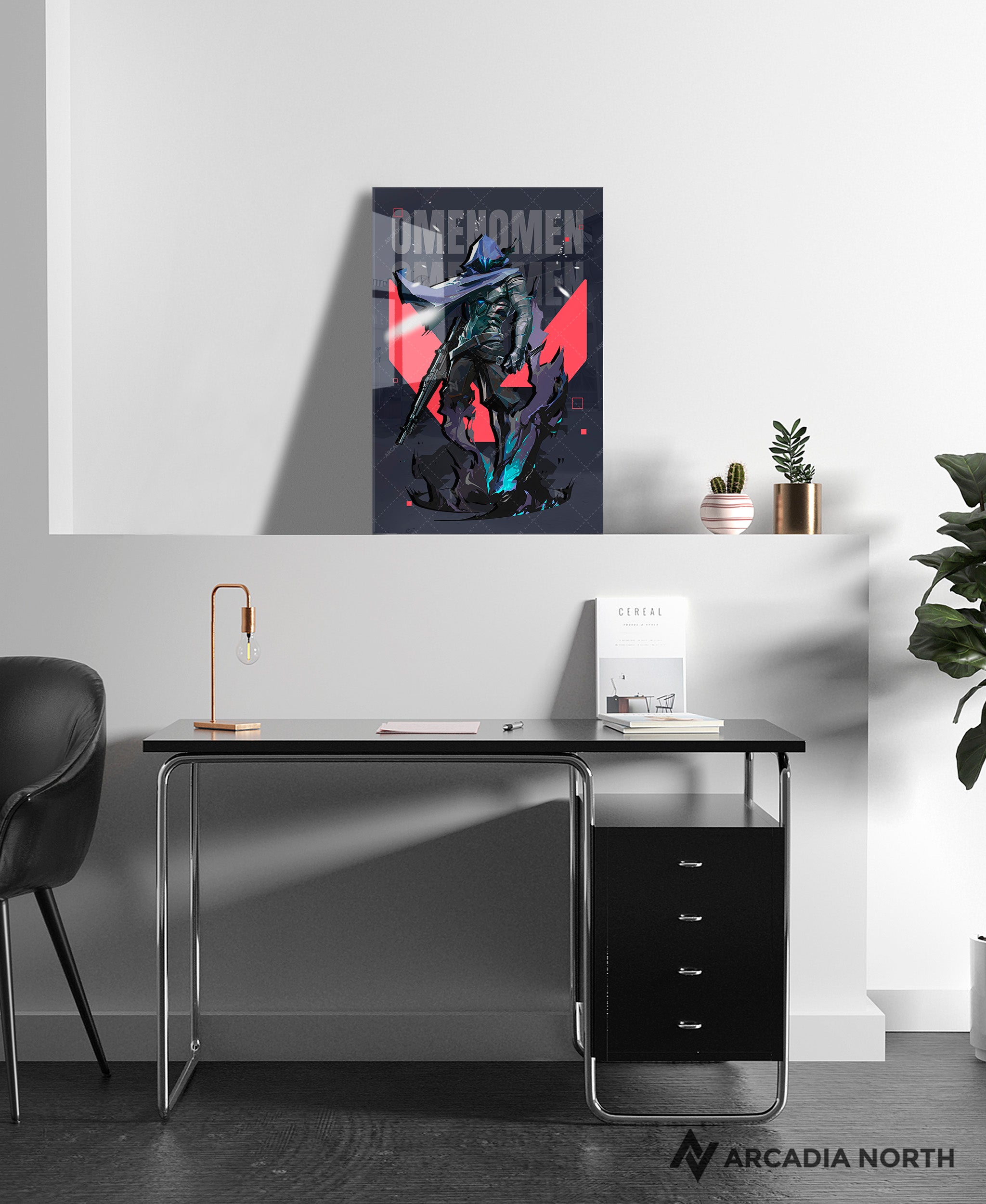 Valorant gaming acrylic poster by Arcadia North. Omen agent wallpaper on dark/black background. Acrylic wall art printed on acrylic.