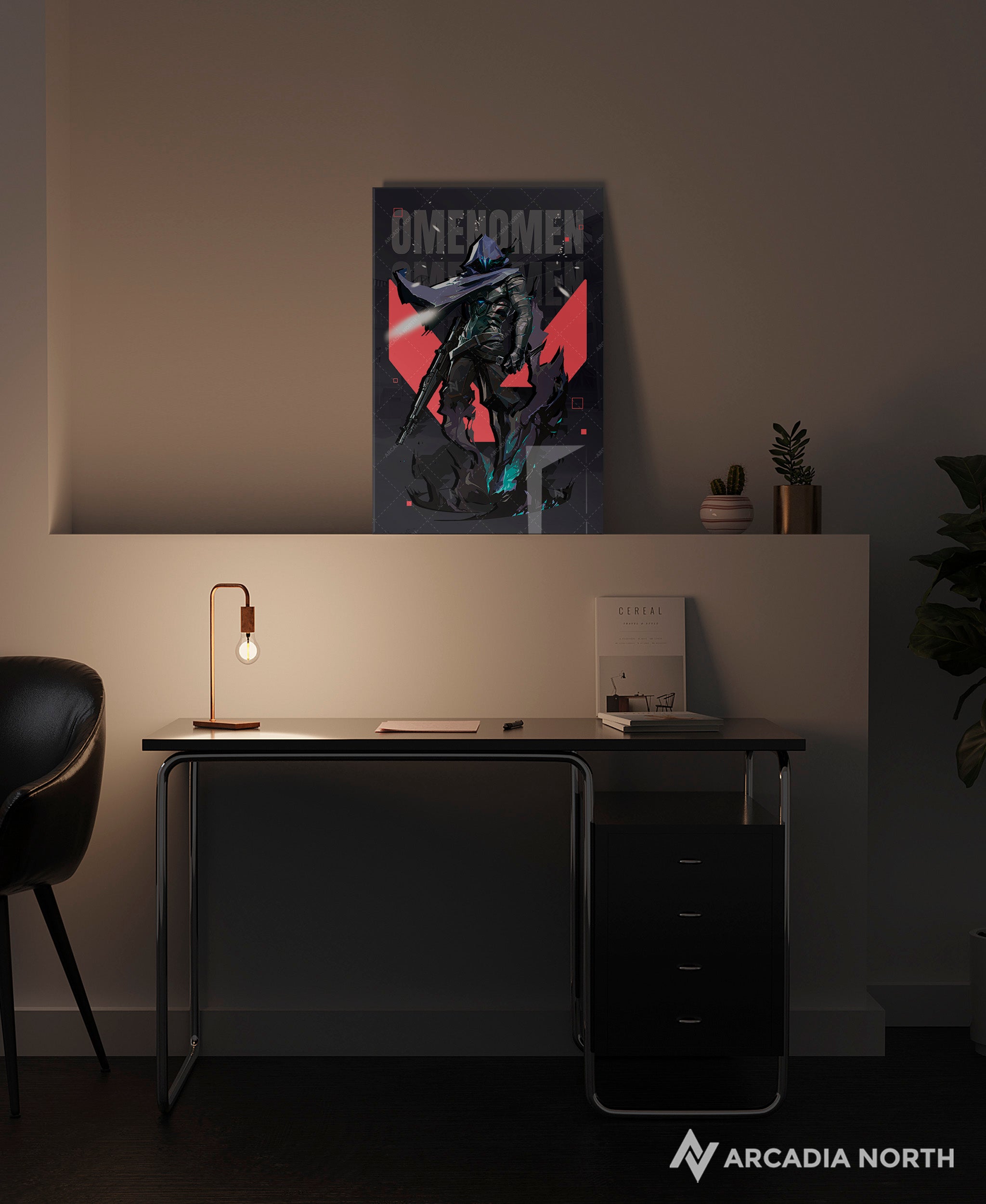 Valorant gaming acrylic poster by Arcadia North. Omen agent wallpaper on dark/black background. Acrylic wall art printed on acrylic.