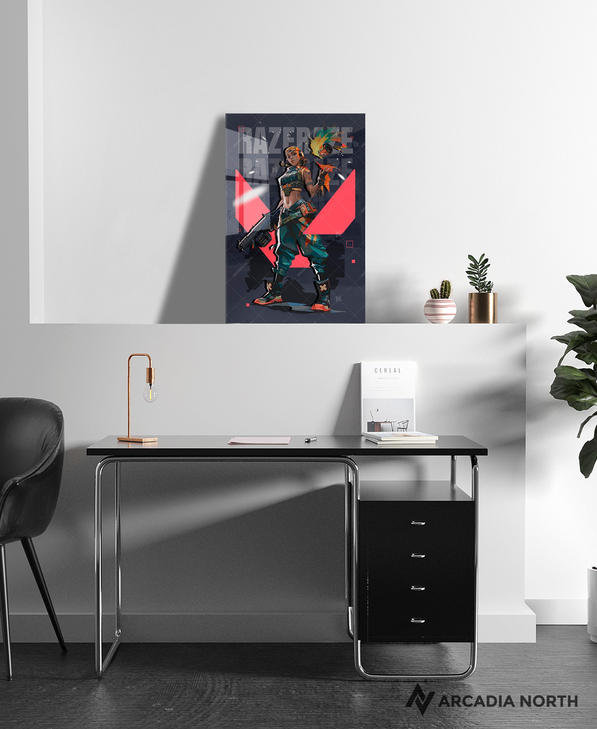 Valorant gaming acrylic poster by Arcadia North. Raze agent wallpaper on dark/black background. Acrylic wall art printed on acrylic.