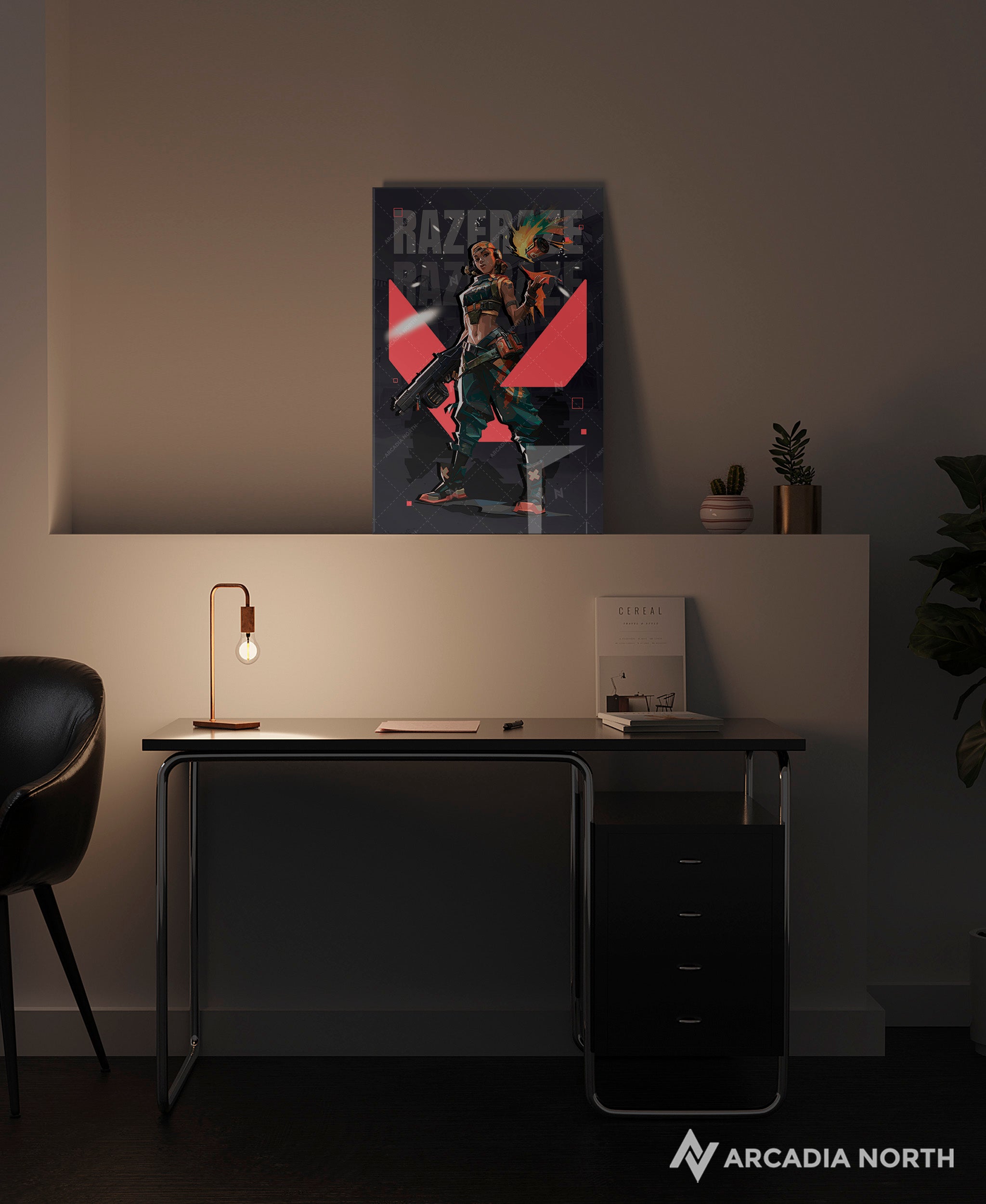 Valorant gaming acrylic poster by Arcadia North. Raze agent wallpaper on dark/black background. Acrylic wall art printed on acrylic.