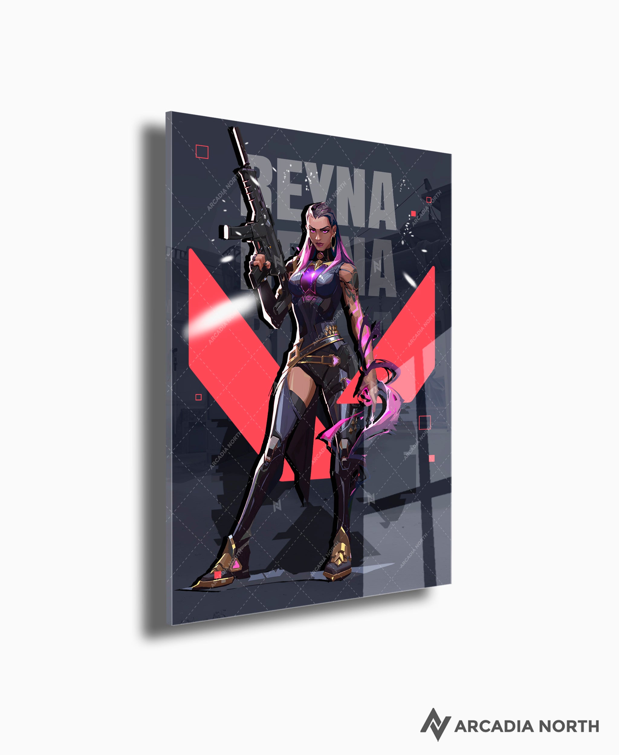 Valorant gaming acrylic poster by Arcadia North. Reyna agent wallpaper on dark/black background. Acrylic wall art printed on acrylic.