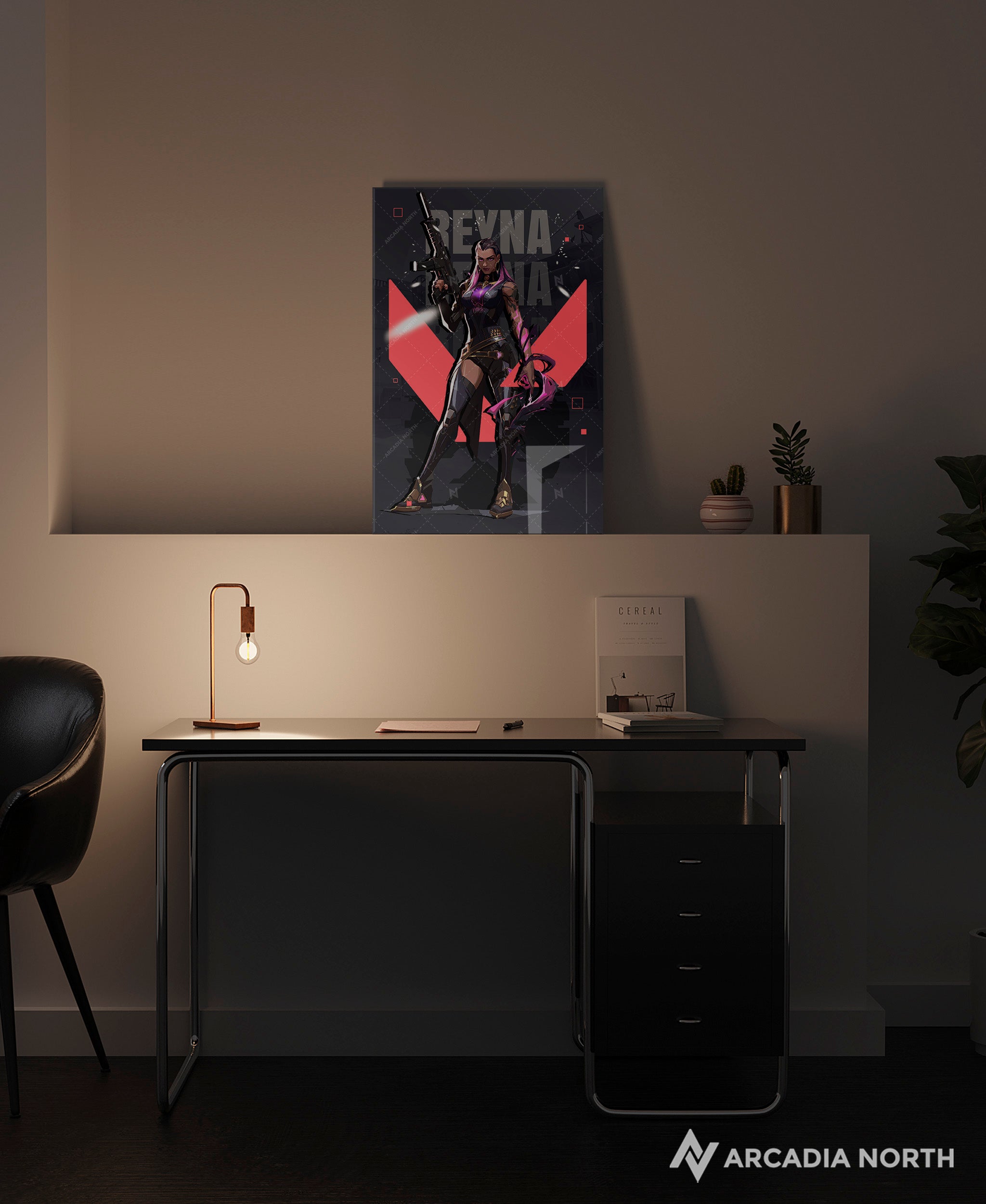 Valorant gaming acrylic poster by Arcadia North. Reyna agent wallpaper on dark/black background. Acrylic wall art printed on acrylic.