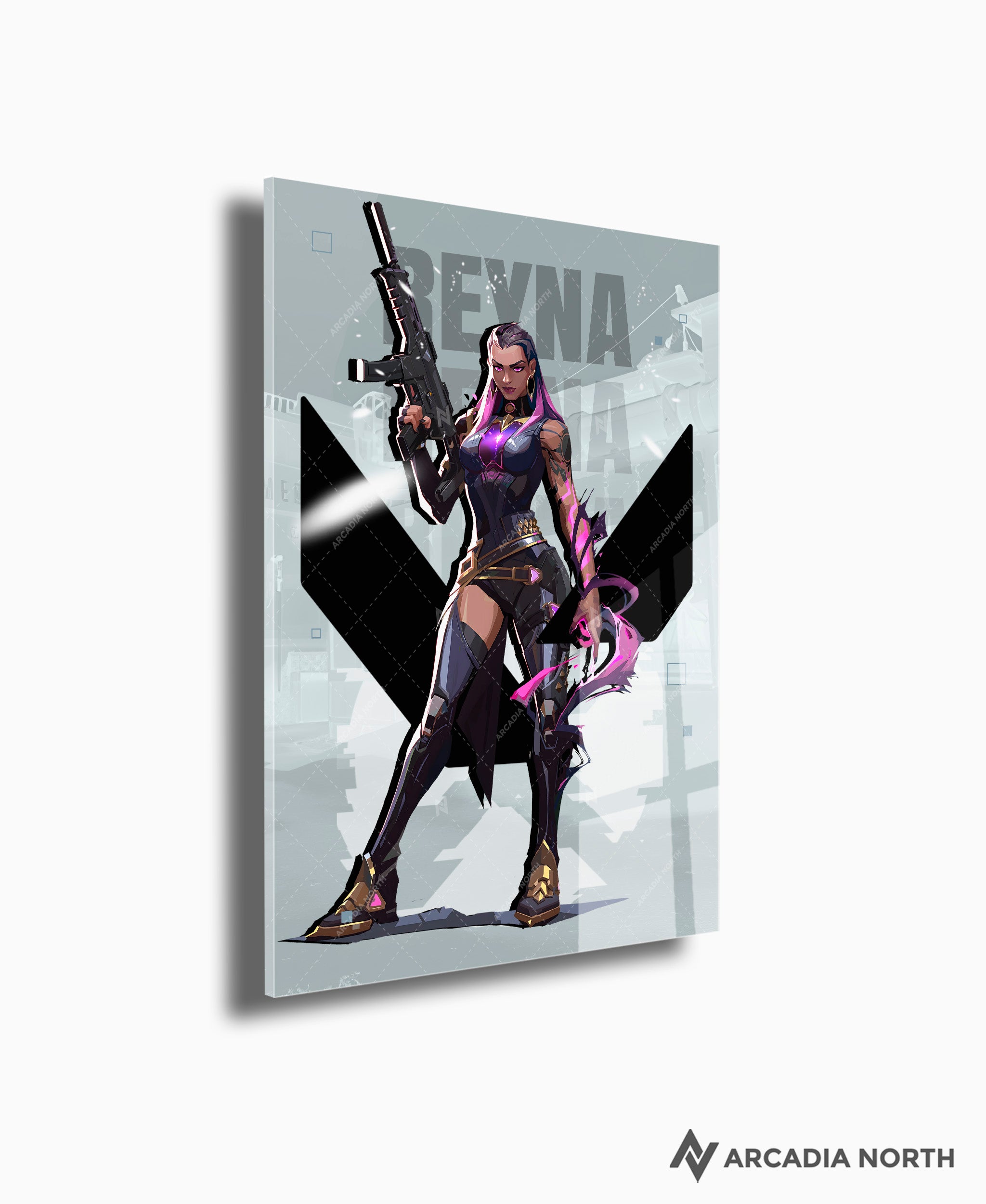 Valorant gaming acrylic poster by Arcadia North. Reyna agent wallpaper on light/white background. Acrylic wall art printed on acrylic.