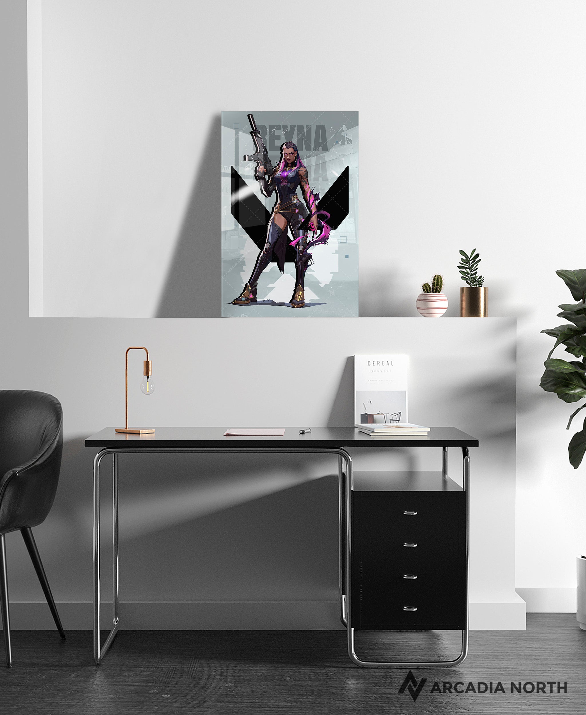 Valorant gaming acrylic poster by Arcadia North. Reyna agent wallpaper on light/white background. Acrylic wall art printed on acrylic.