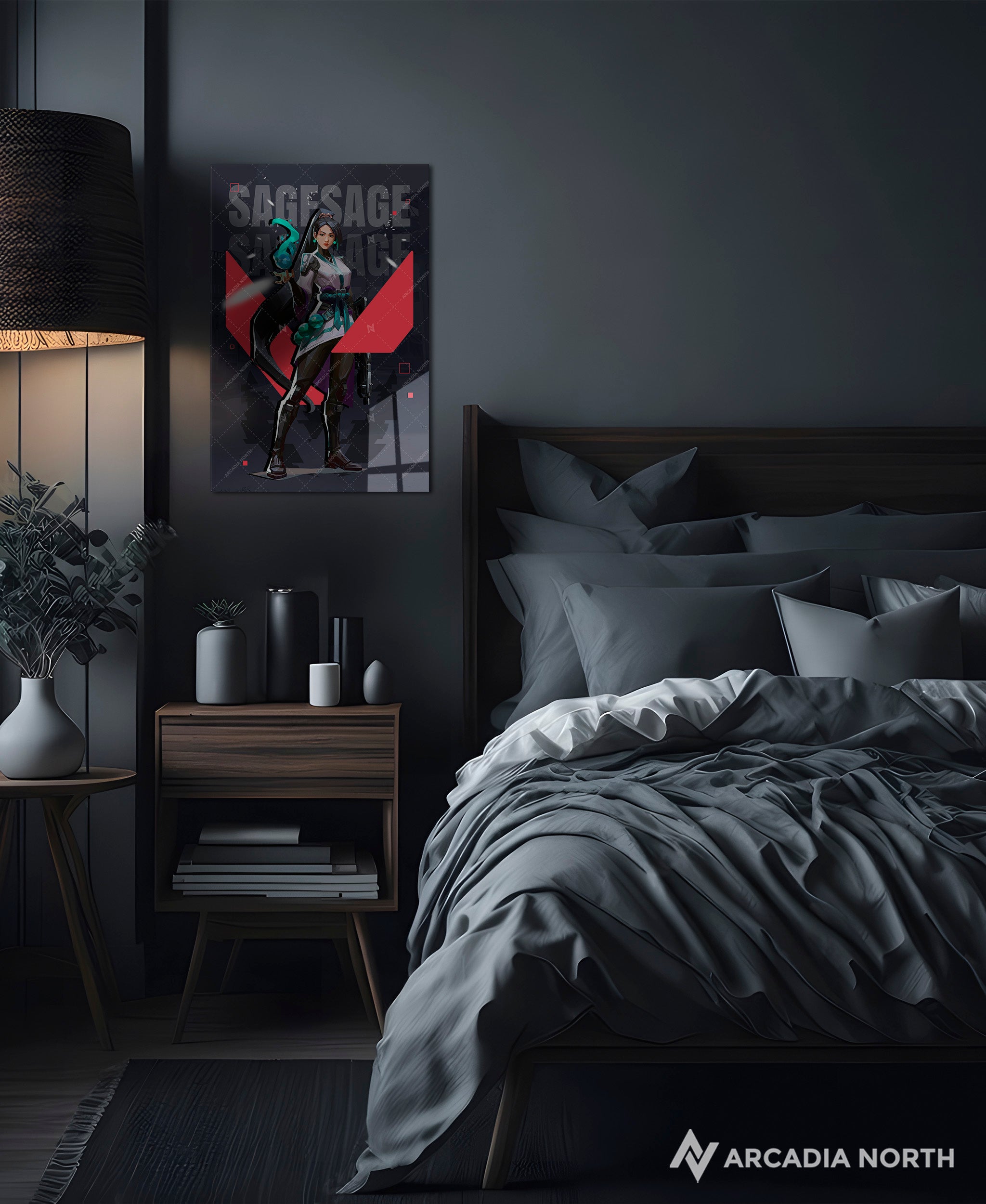 Valorant gaming acrylic poster by Arcadia North. Sage agent wallpaper on dark/black background. Acrylic wall art printed on acrylic.