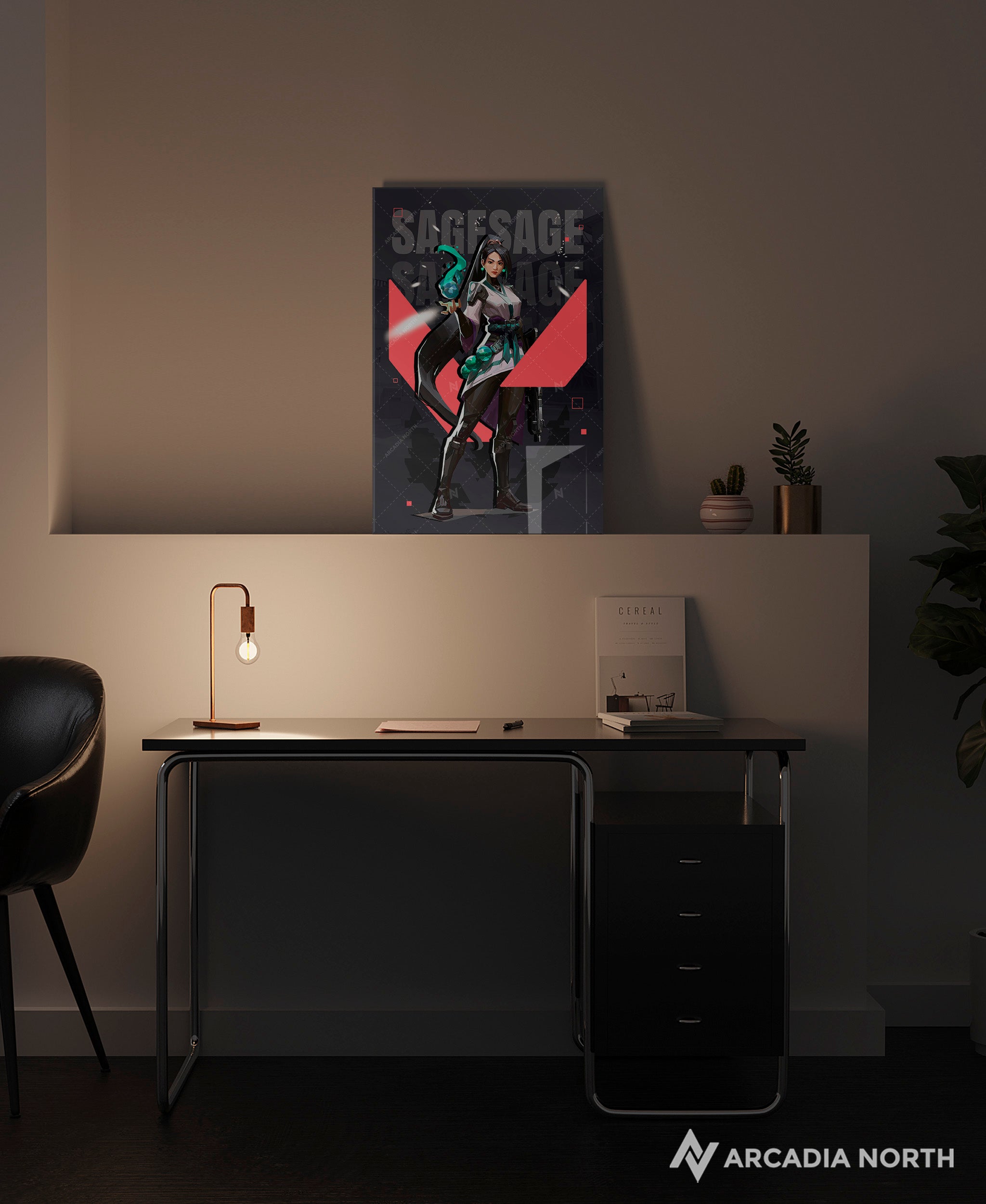 Valorant gaming acrylic poster by Arcadia North. Sage agent wallpaper on dark/black background. Acrylic wall art printed on acrylic.