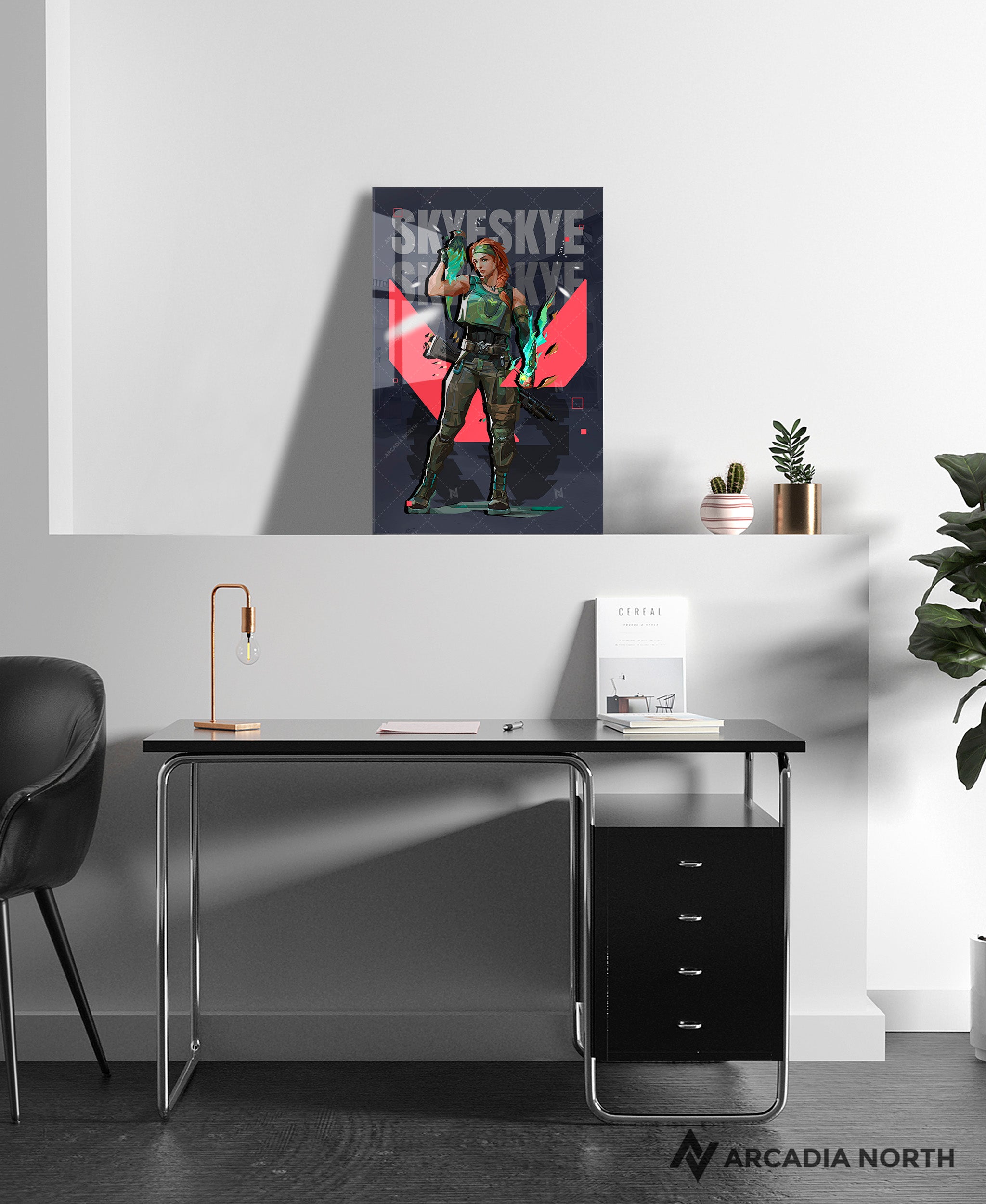 Valorant gaming acrylic poster by Arcadia North. Skye agent wallpaper on dark/black background. Acrylic wall art printed on acrylic.