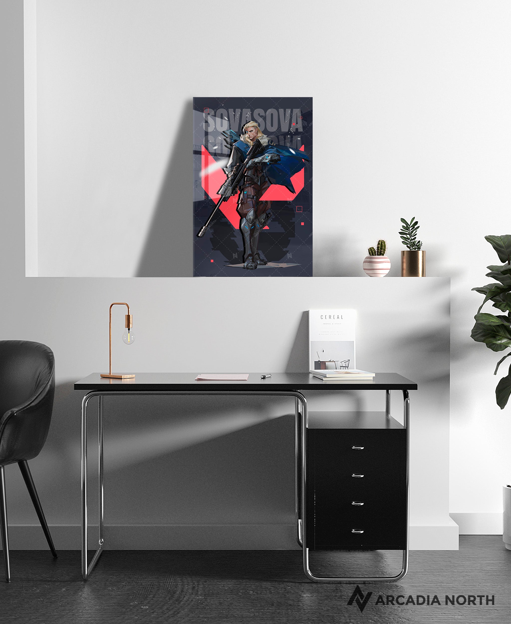 Valorant gaming acrylic poster by Arcadia North. Sova agent wallpaper on dark/black background. Acrylic wall art printed on acrylic.