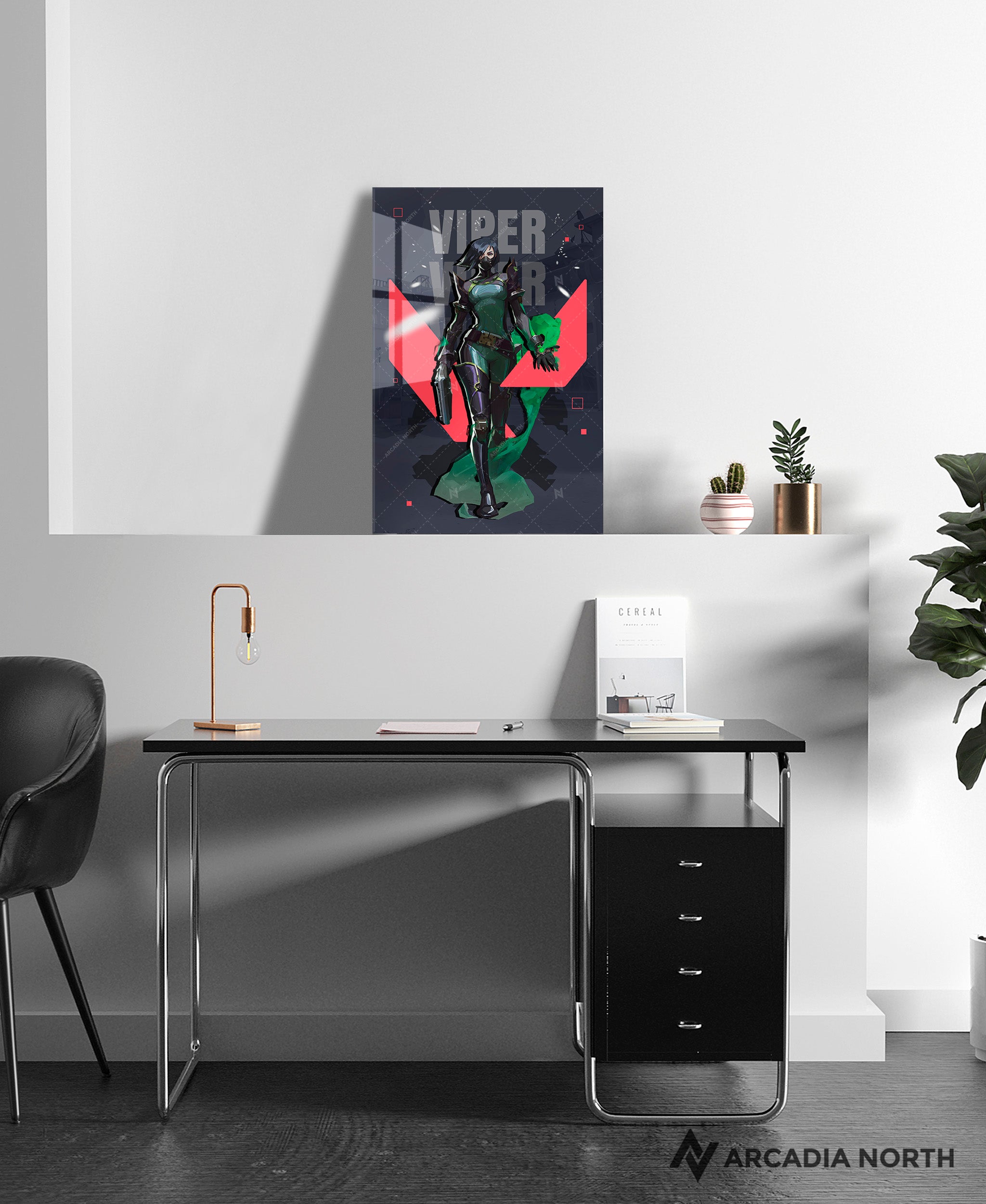 Valorant gaming acrylic poster by Arcadia North. Viper agent wallpaper on dark/black background. Acrylic wall art printed on acrylic.