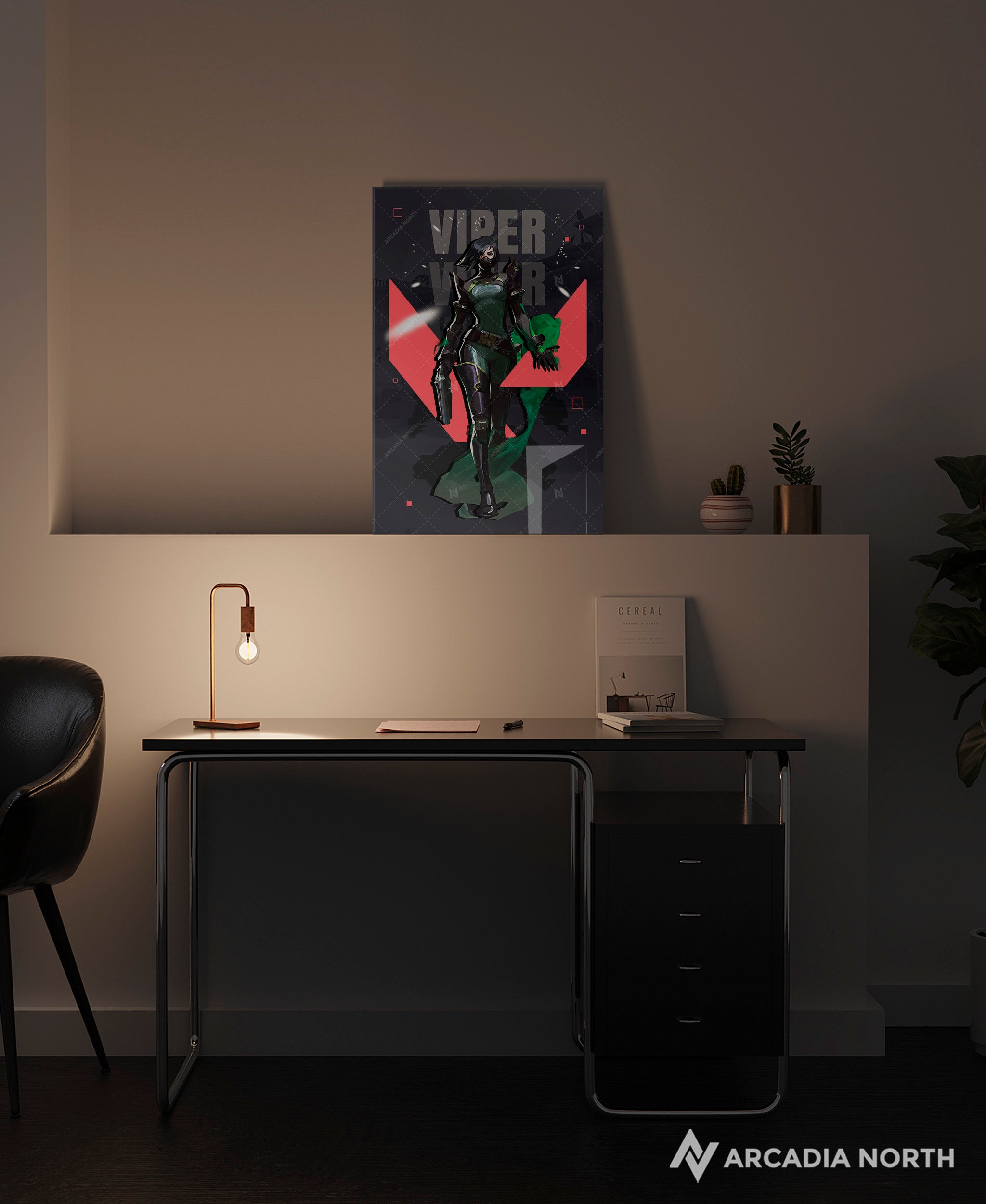 Valorant gaming acrylic poster by Arcadia North. Viper agent wallpaper on dark/black background. Acrylic wall art printed on acrylic.