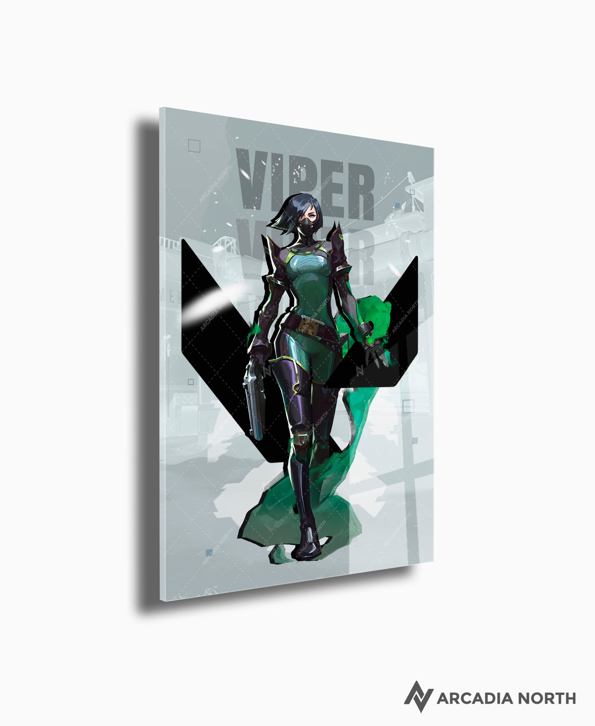 Valorant gaming acrylic poster by Arcadia North. Viper agent wallpaper on light/white background. Acrylic wall art printed on acrylic.