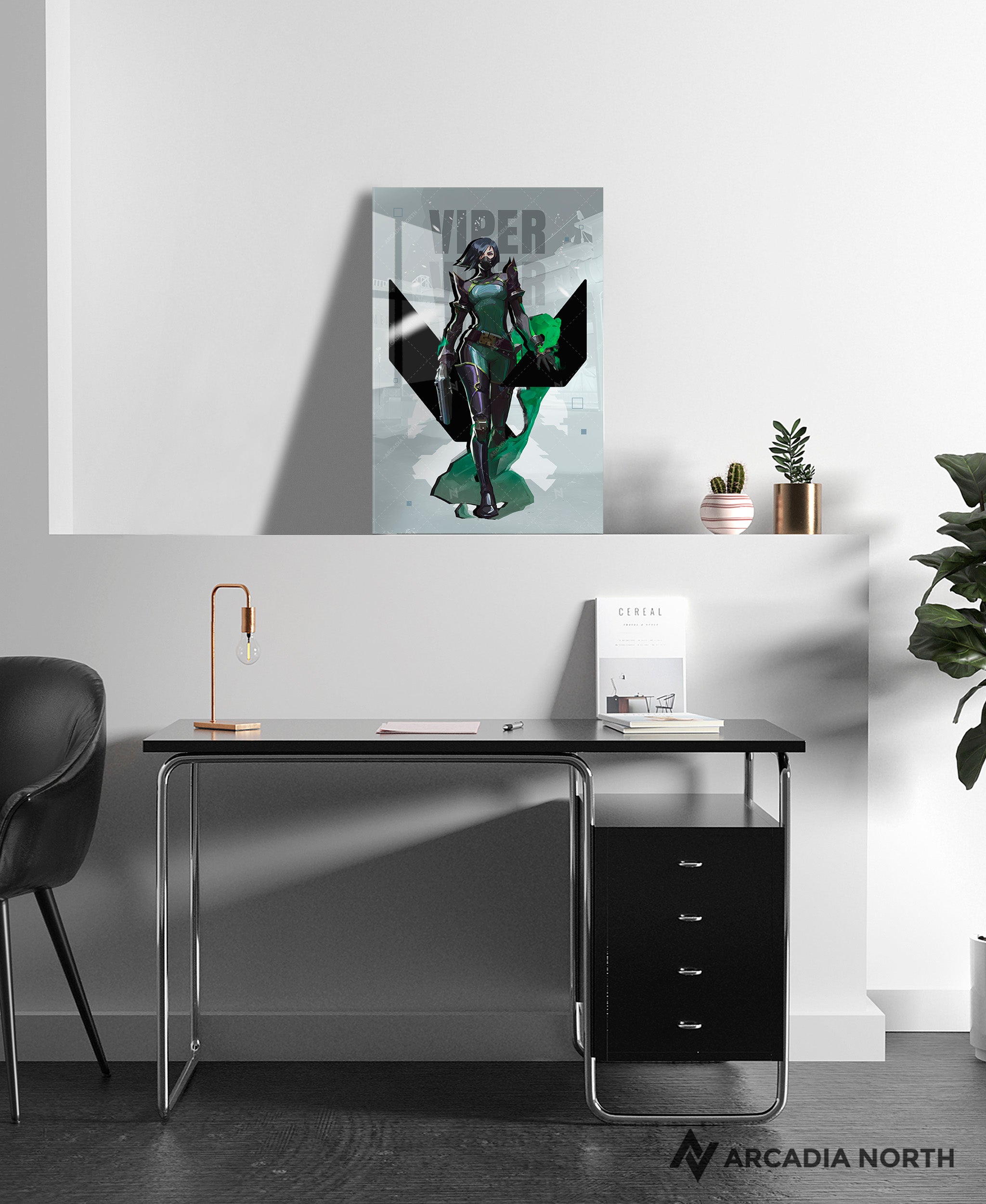 Valorant gaming acrylic poster by Arcadia North. Viper agent wallpaper on light/white background. Acrylic wall art printed on acrylic.