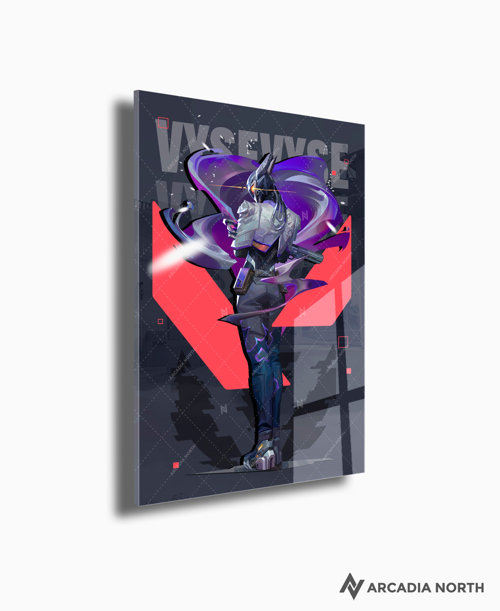 Valorant gaming acrylic poster by Arcadia North. Vyse agent wallpaper on dark/black background. Acrylic wall art printed on acrylic.