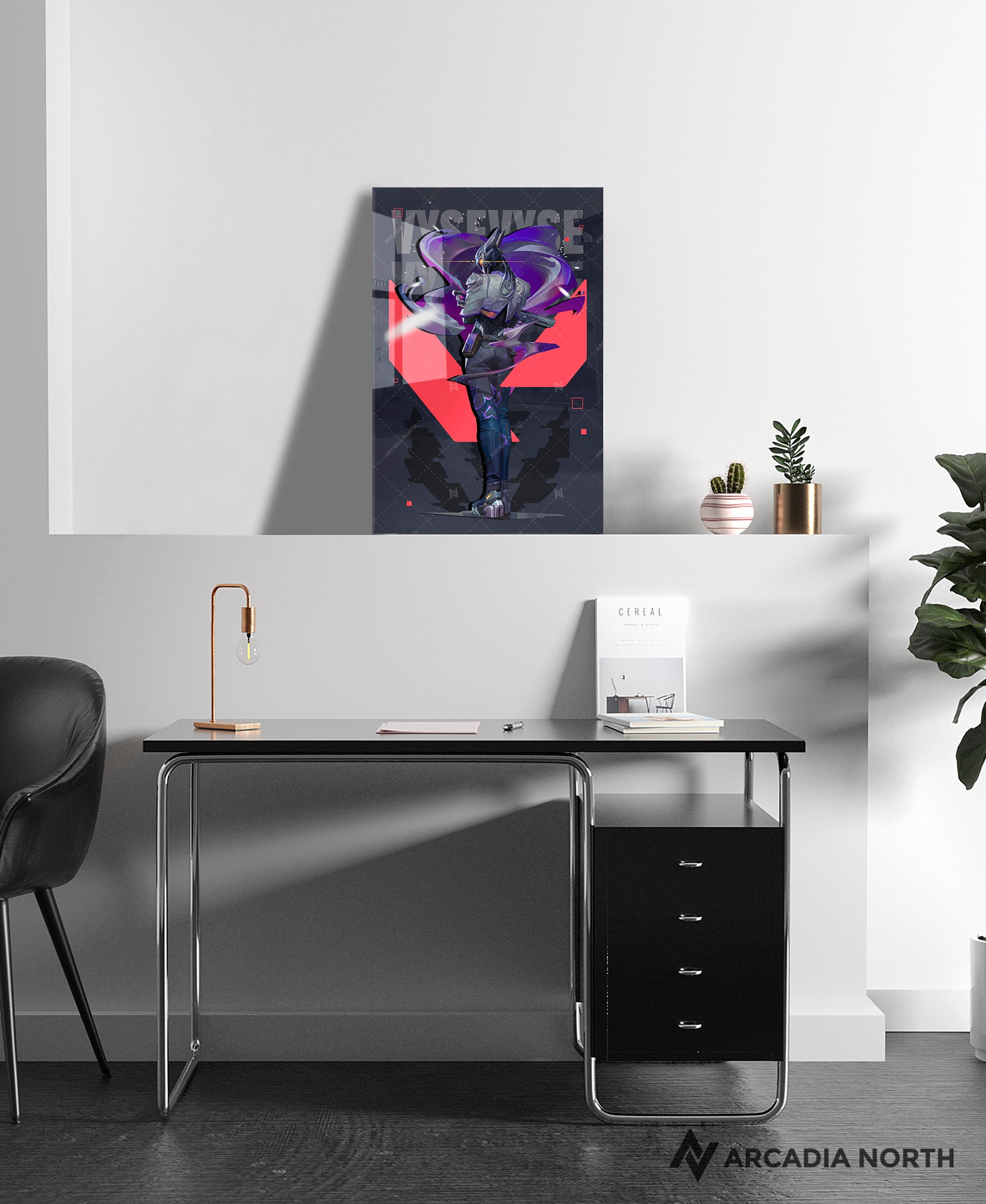 Valorant gaming acrylic poster by Arcadia North. Vyse agent wallpaper on dark/black background. Acrylic wall art printed on acrylic.