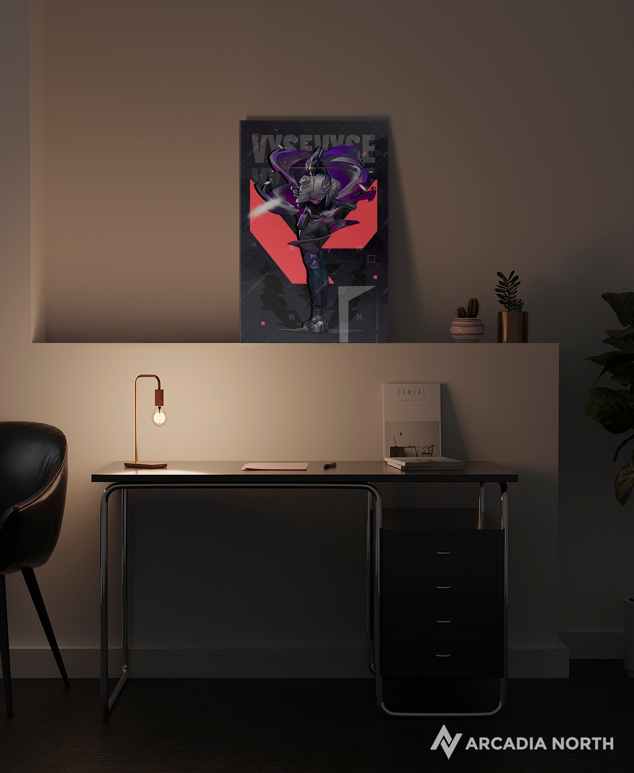 Valorant gaming acrylic poster by Arcadia North. Vyse agent wallpaper on dark/black background. Acrylic wall art printed on acrylic.