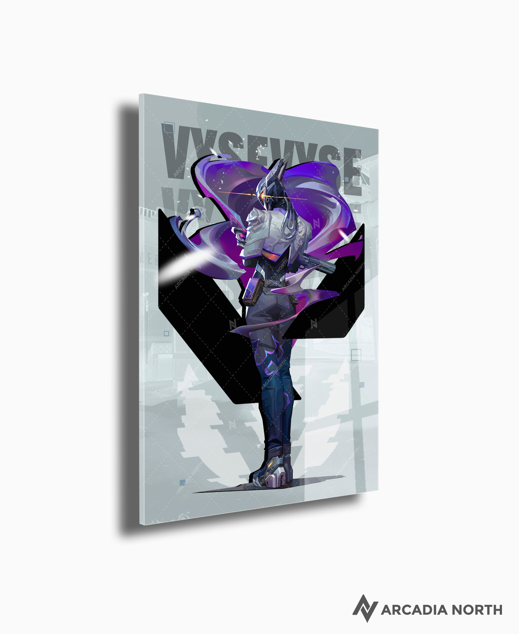 Valorant gaming acrylic poster by Arcadia North. Vyse agent wallpaper on light/white background. Acrylic wall art printed on acrylic.