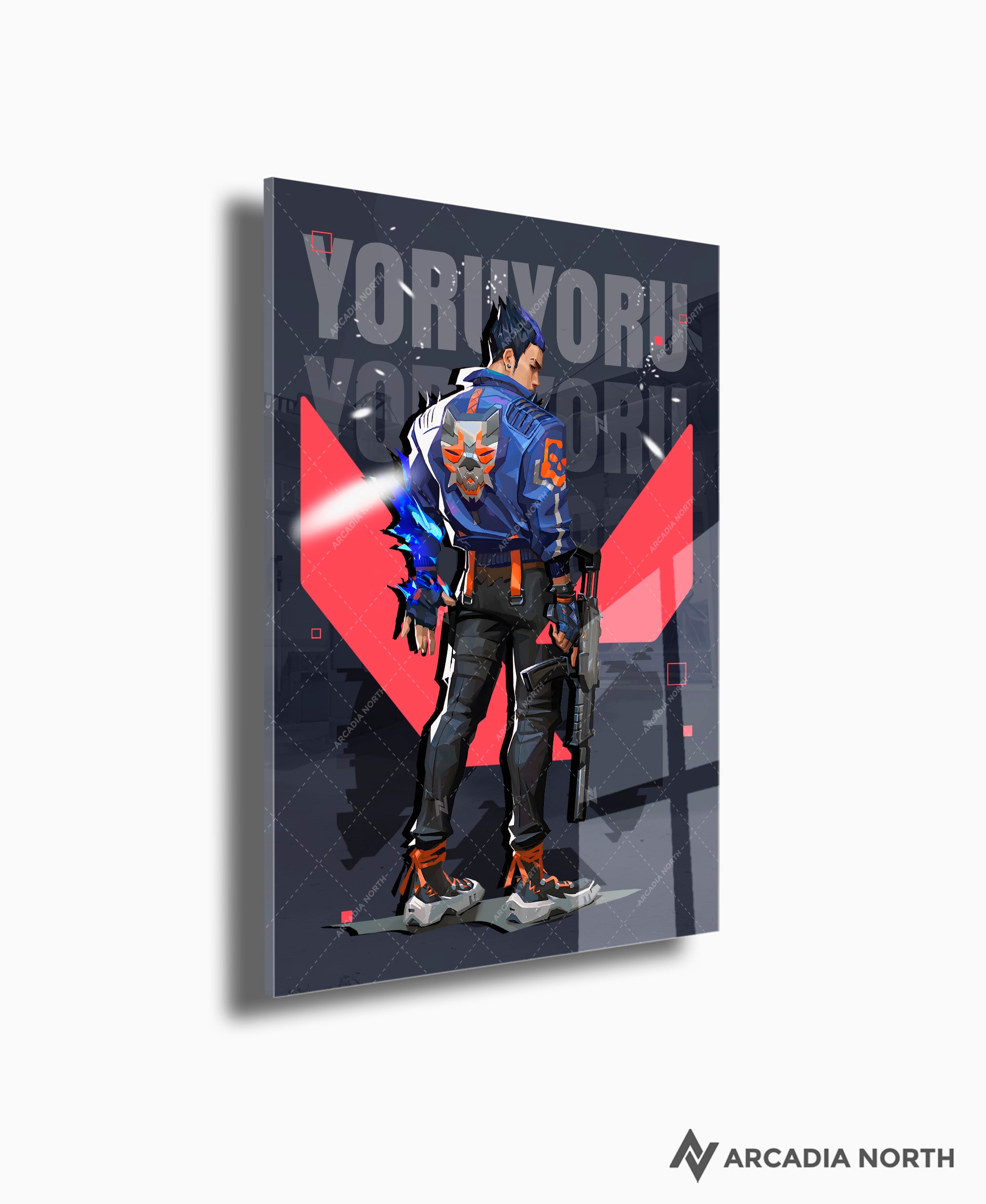 Valorant gaming acrylic poster by Arcadia North. Yoru agent wallpaper on dark/black background. Acrylic wall art printed on acrylic.